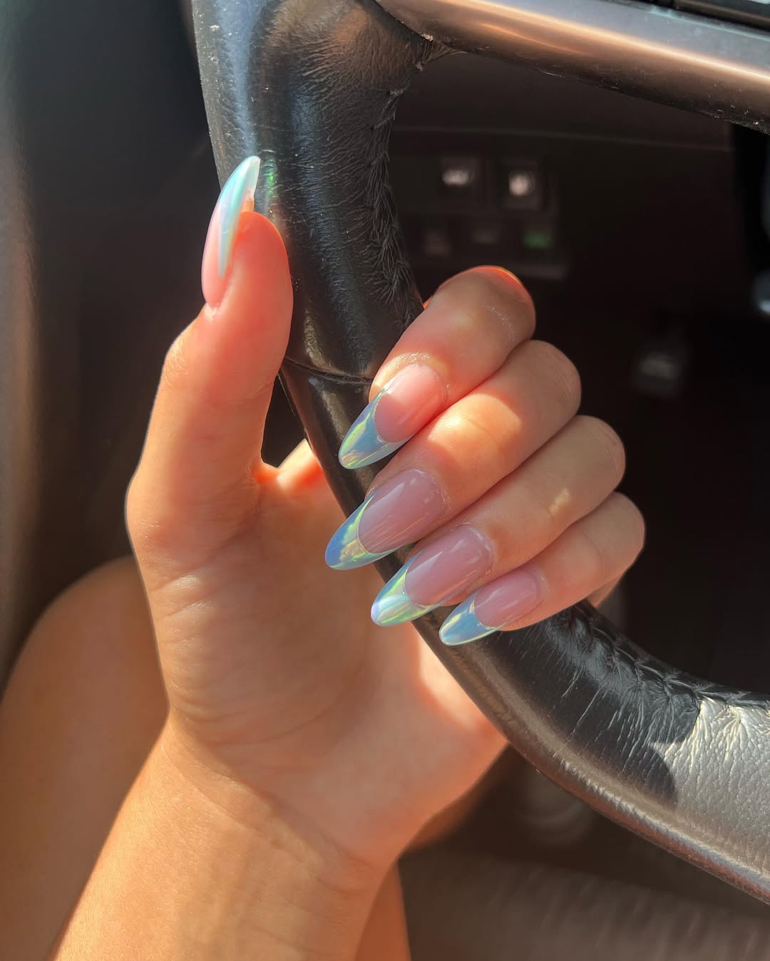 Iridescent Aqua Almond French Tips