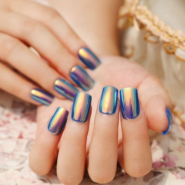 Iridescent Blue Chrome Short Square Nails