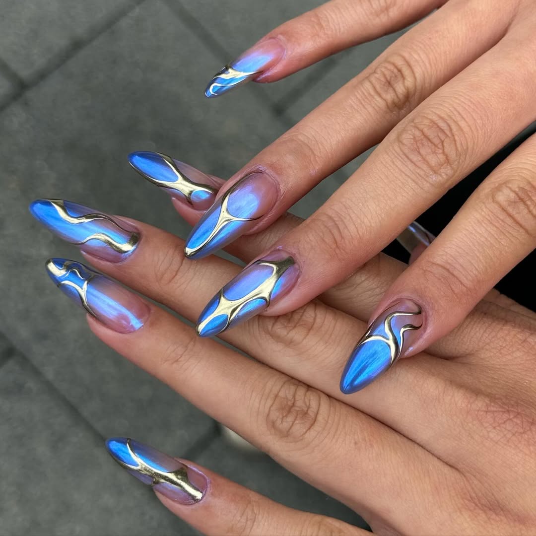 Iridescent Blue Gold Flame Long Stiletto Nails
