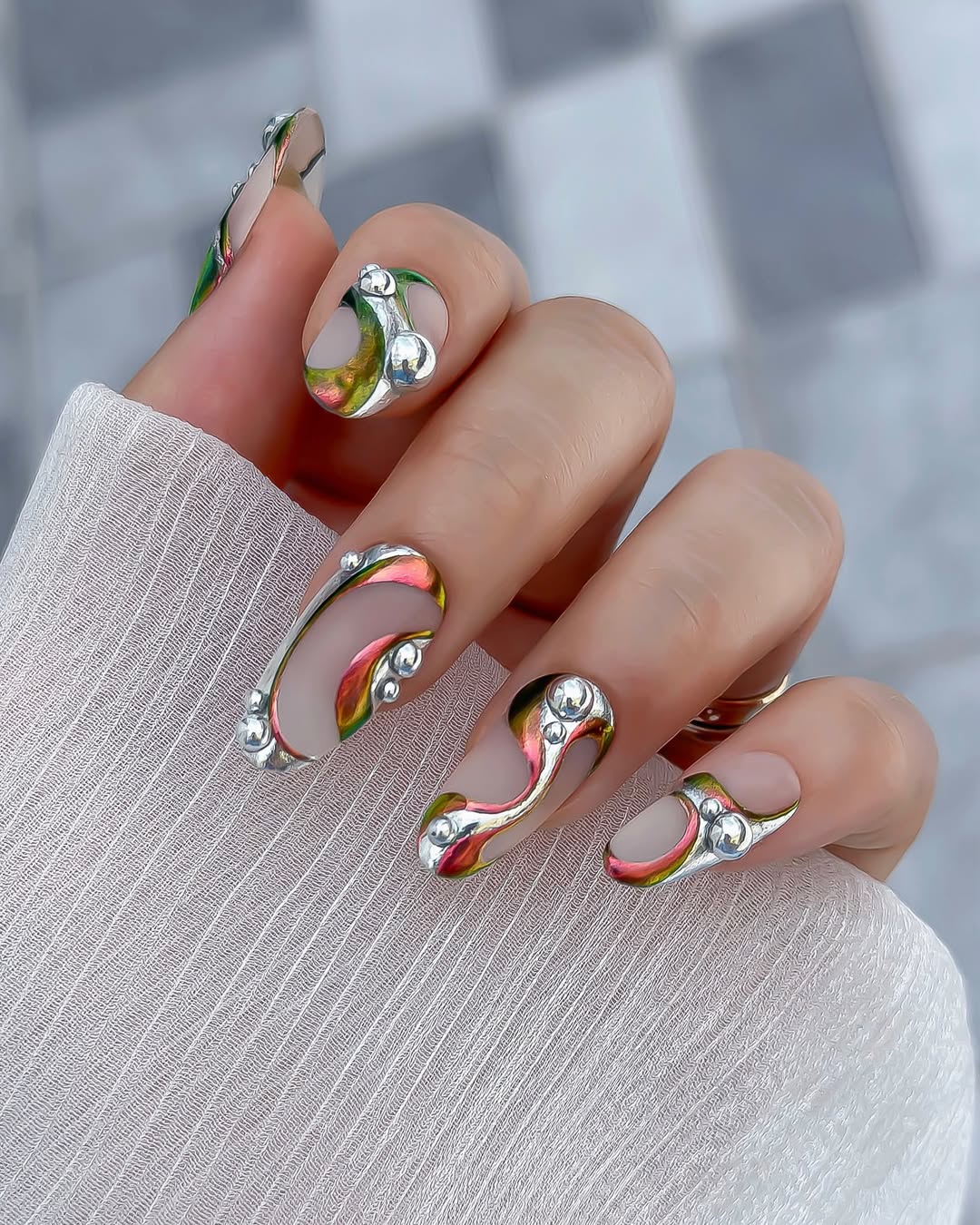Iridescent Chrome Swirls with 3D Silver Dots