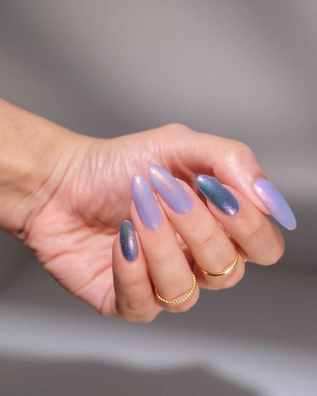Iridescent Lavender Blue Shimmer Long Almond Nails