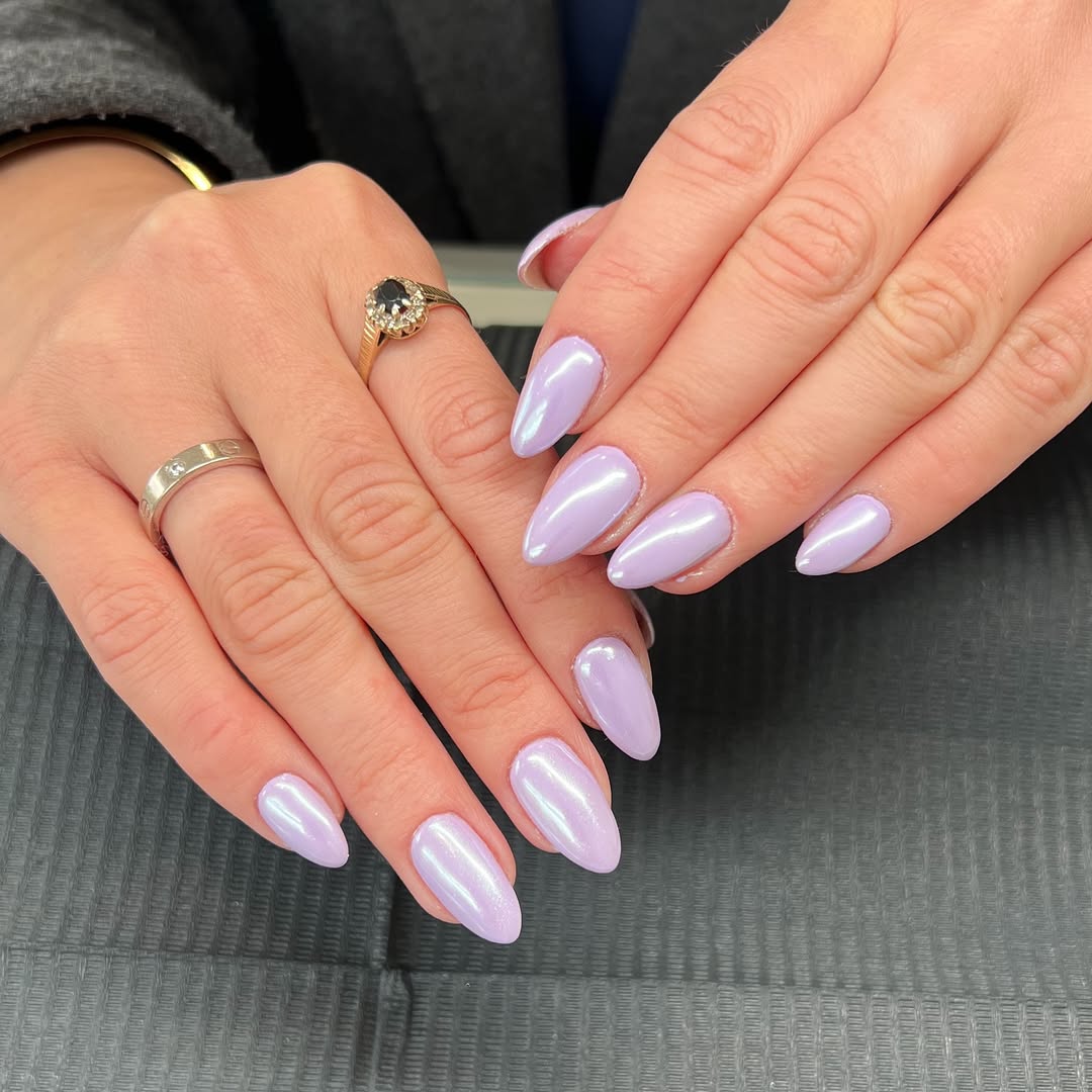 Iridescent Lilac Almond Shimmer Nails