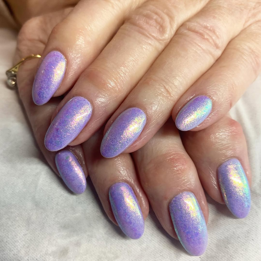 Iridescent Lilac Shimmer Oval Nails