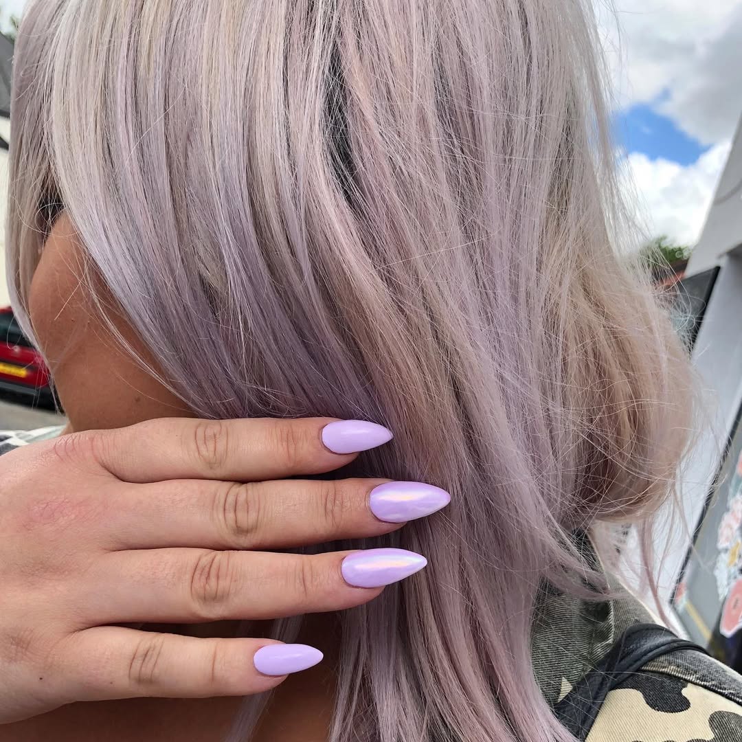 Iridescent Lilac Stiletto Nails with Shimmer