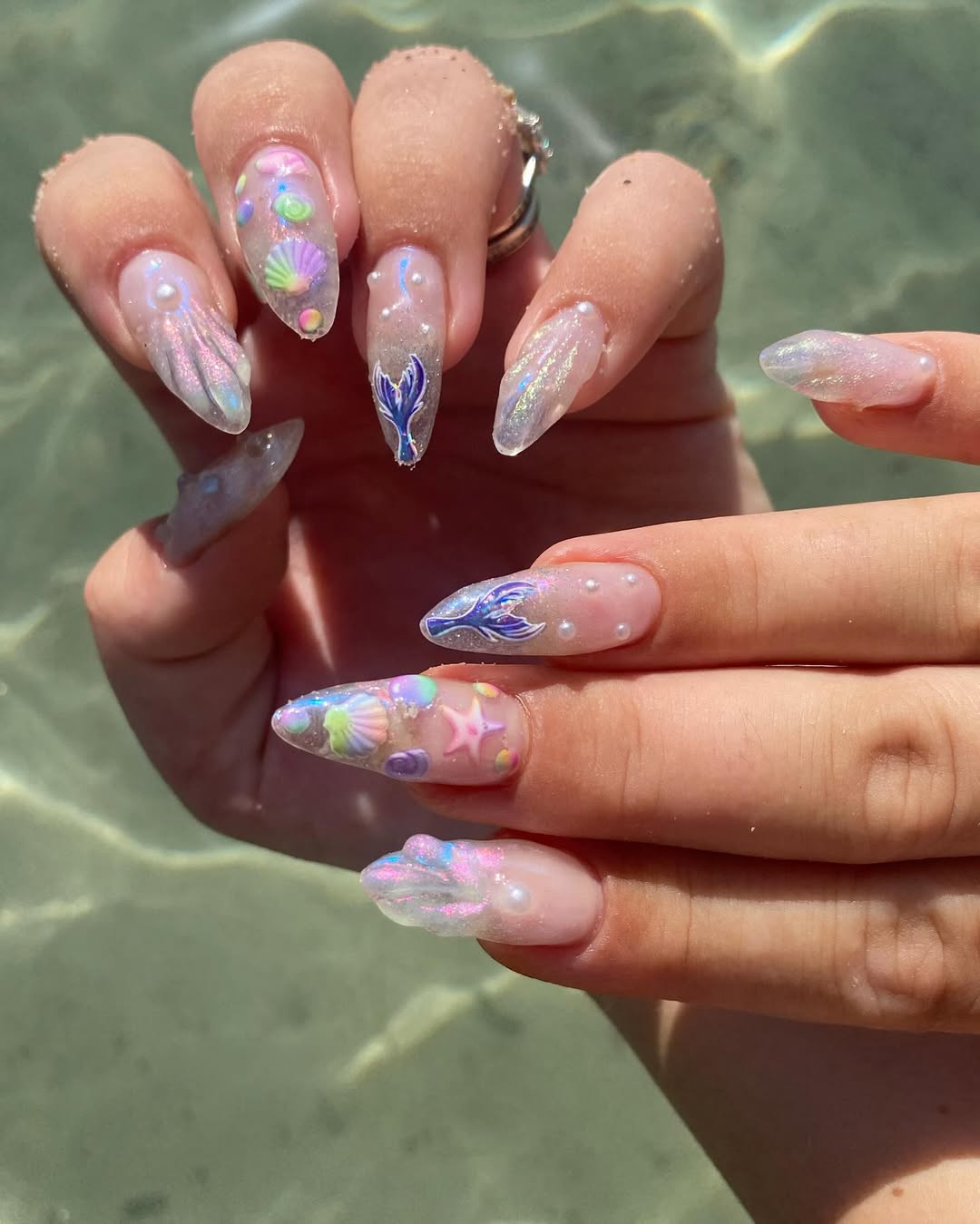 Iridescent Mermaid Scale Pearl Adorned Stiletto Nails