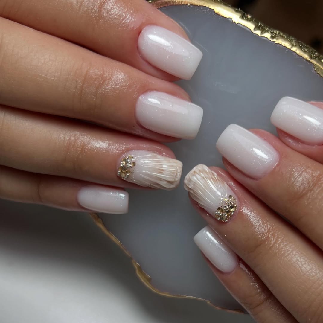 Iridescent Milky White Seashell Statement Nails
