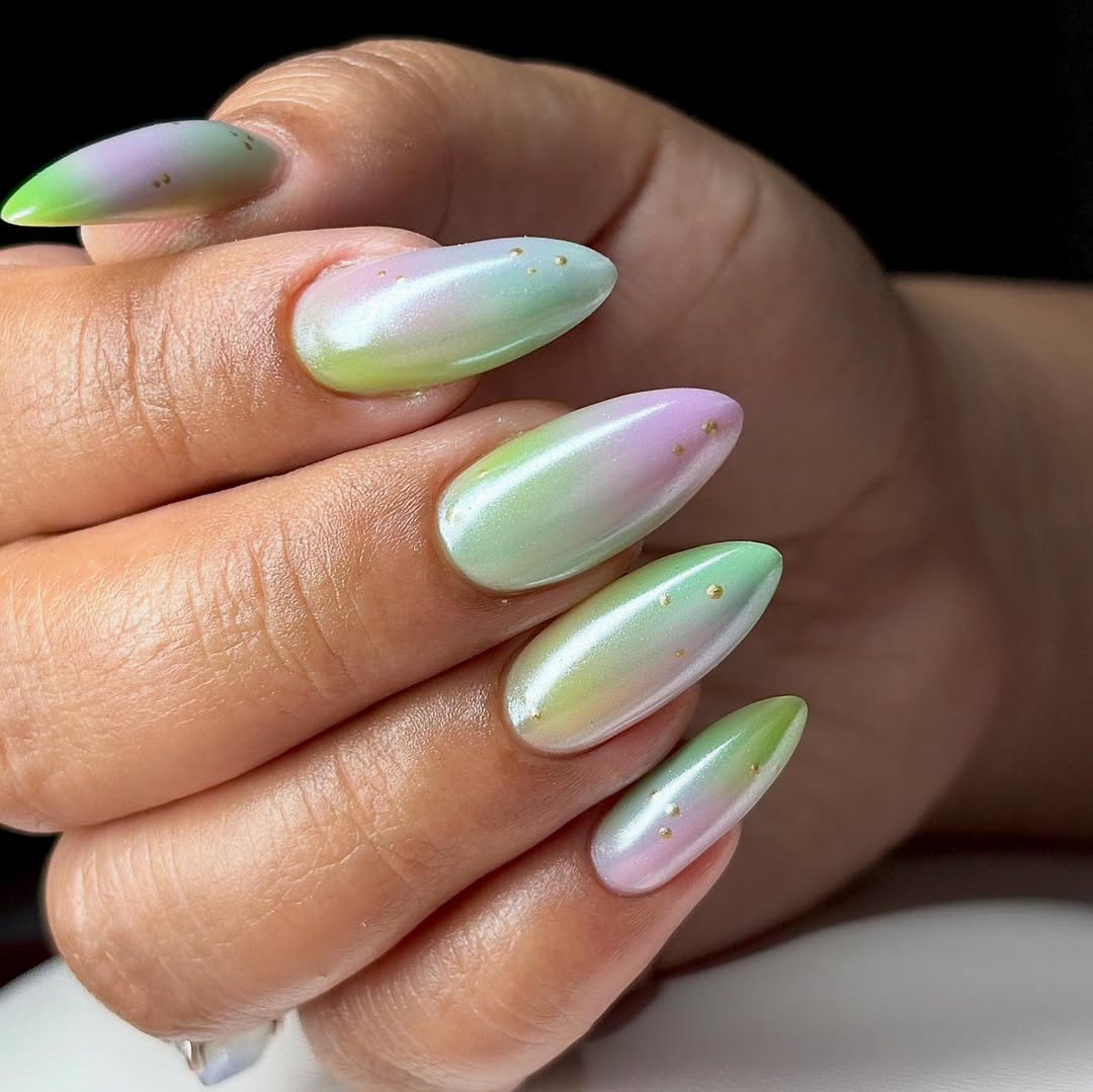 Iridescent Pastel Ombre Almond Nails with Gold Dots