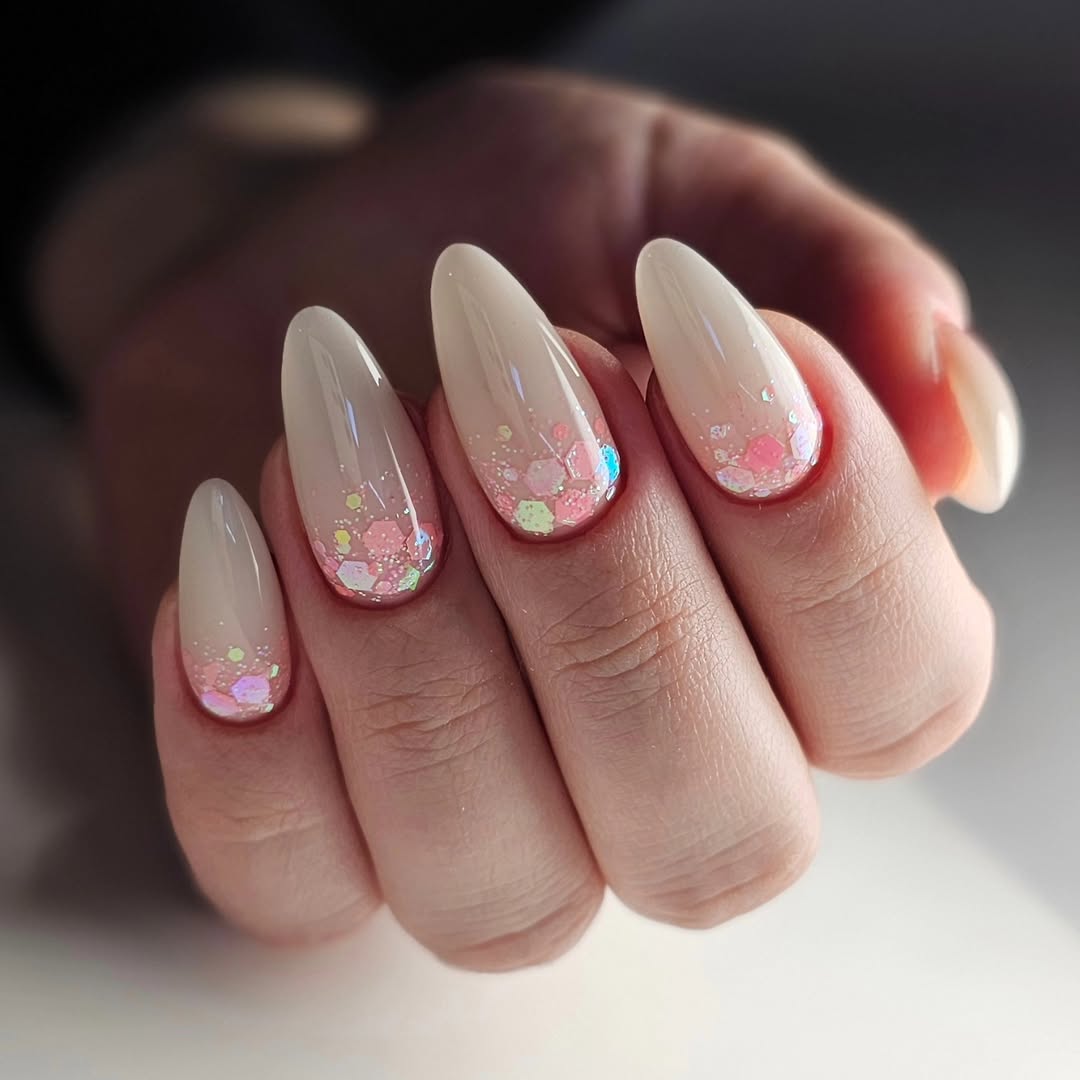 Iridescent Pink Glitter Base Almond Acrylic Nails