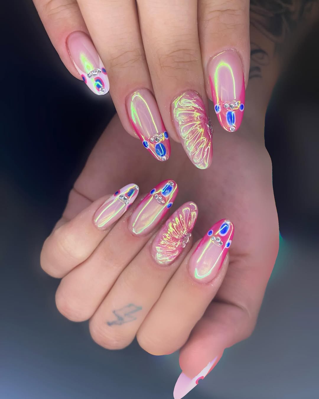 Iridescent Pink Ombré Coffin Shell Nails with Gemstones