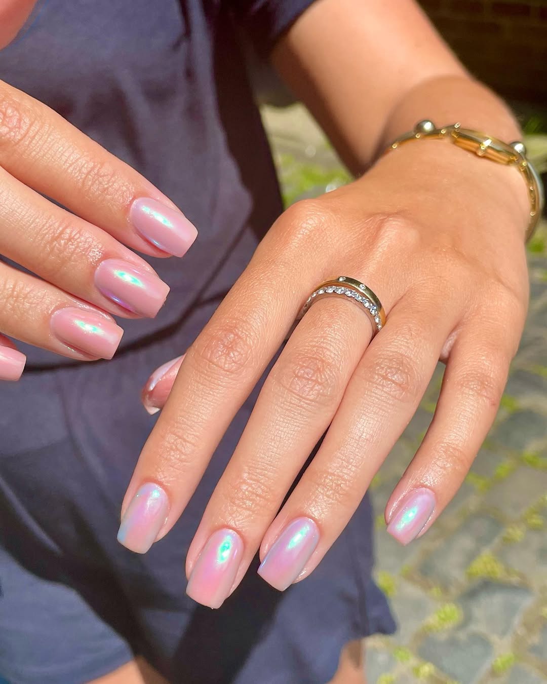 Iridescent Pink Squoval Nails With Chrome Glow