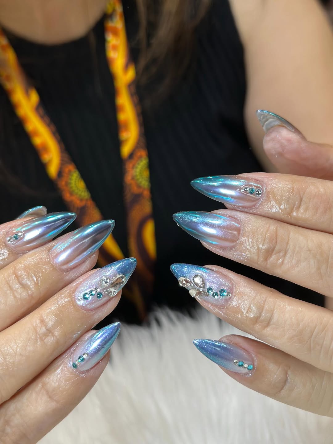 Iridescent Sea Blue Stiletto Gemstone Nails