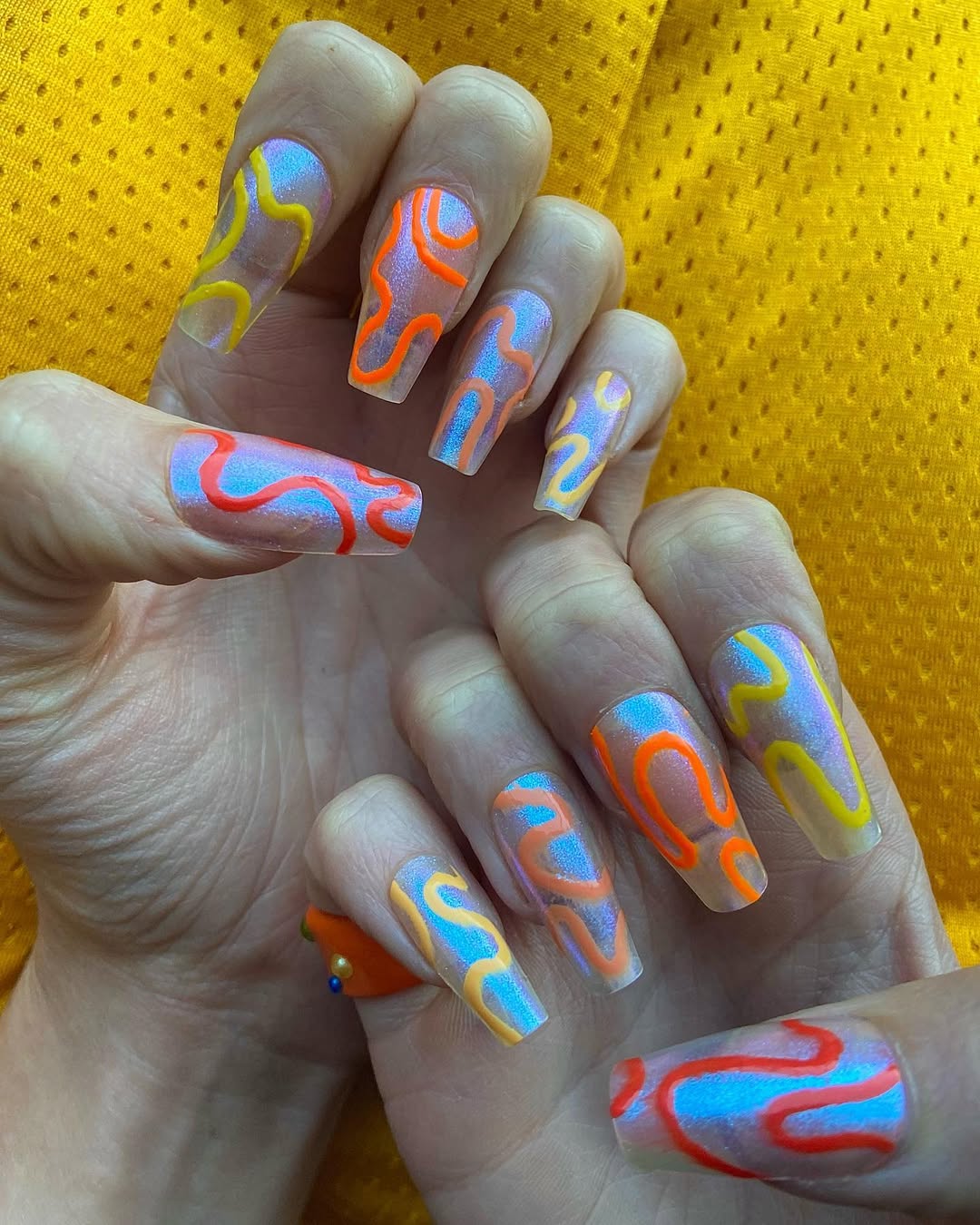 Iridescent Wavy Swirl Coffin Nails with Neon Accents
