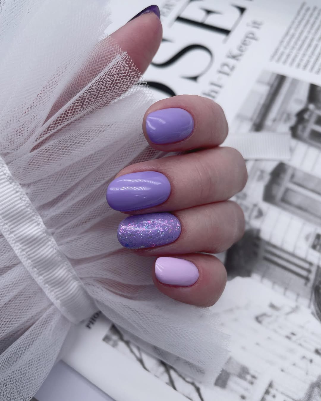 Lavender And Lilac Glitter Accent Oval Nails