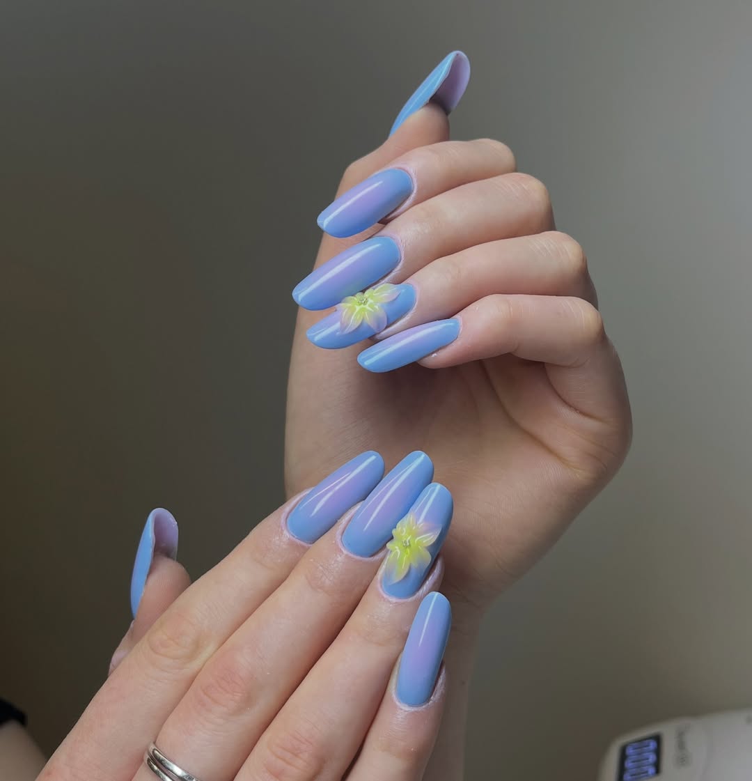 Lavender Blue Ombre 3D Floral Long Coffin Nails