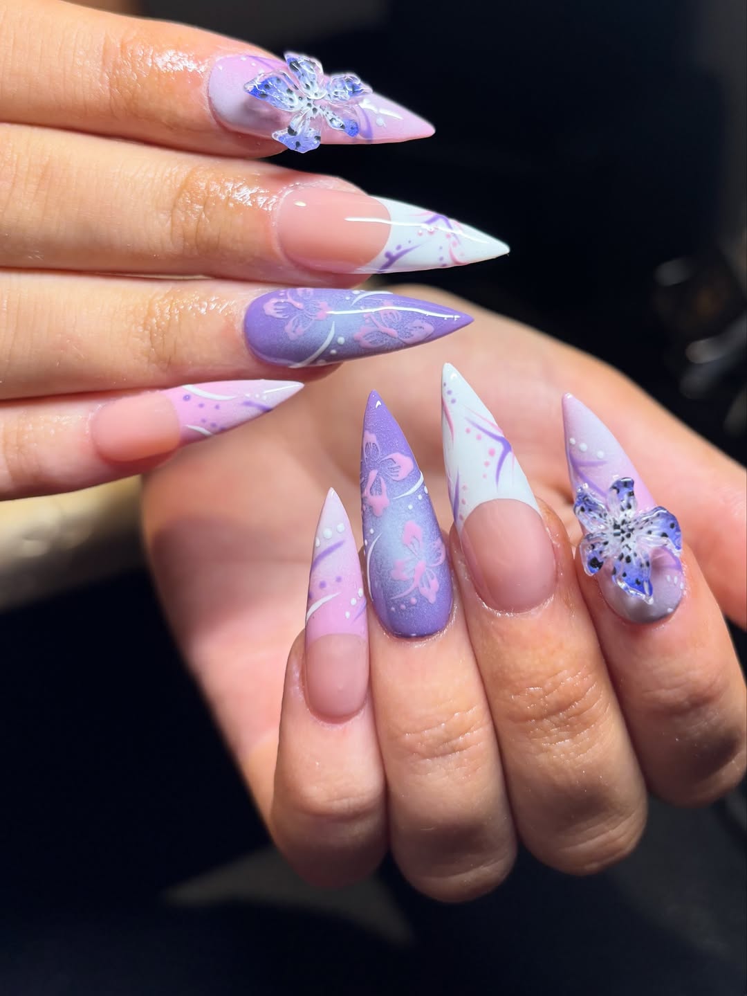 Lavender Butterfly Stiletto French Illusion with 3D Charms