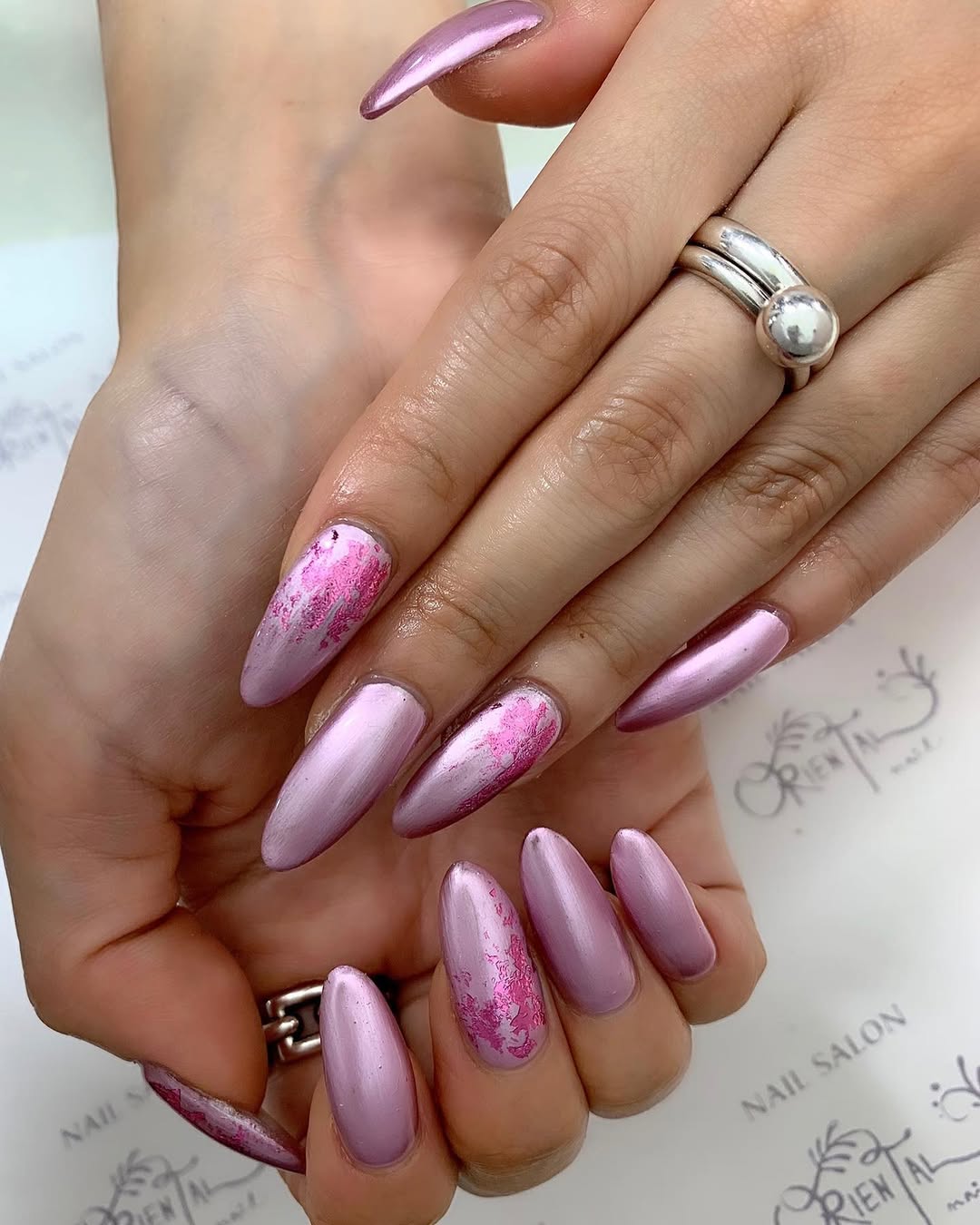Lavender Chrome Foil Long Almond Nails