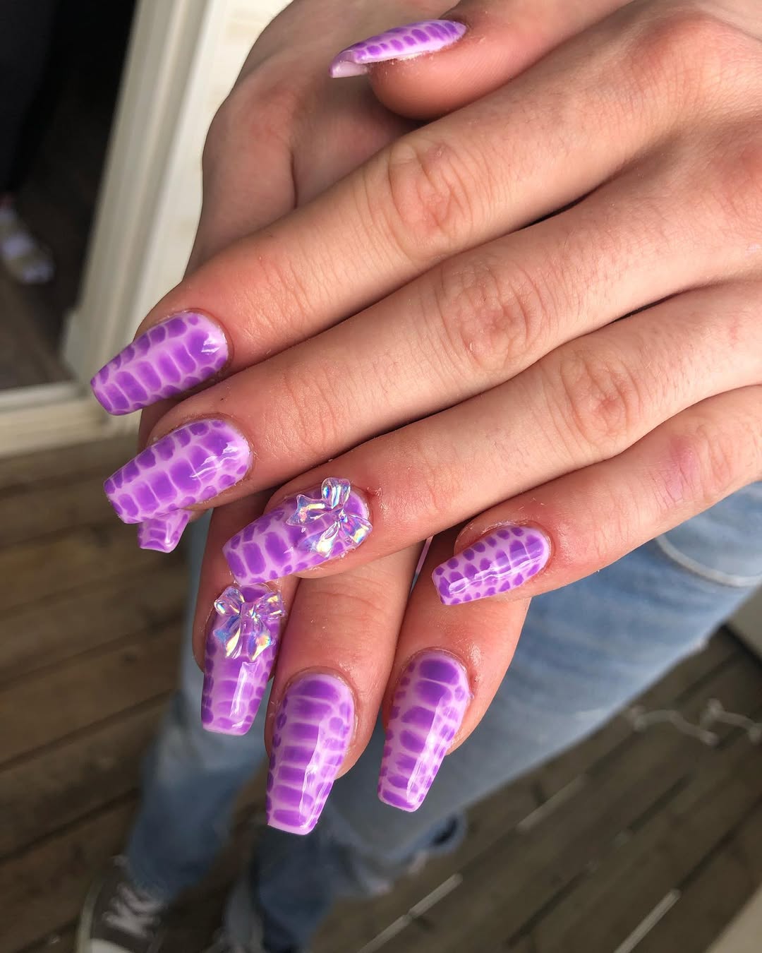 Lavender Crocodile Print Coffin Nails With Bow Charms
