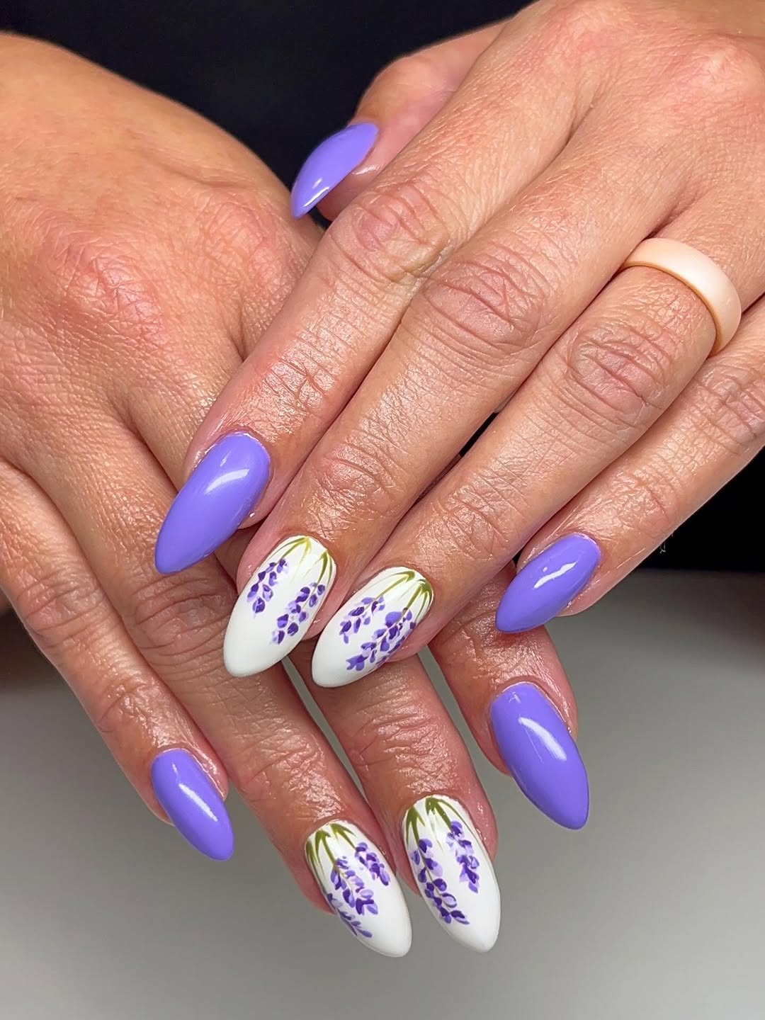 Lavender Fields Almond Nails with Floral Art