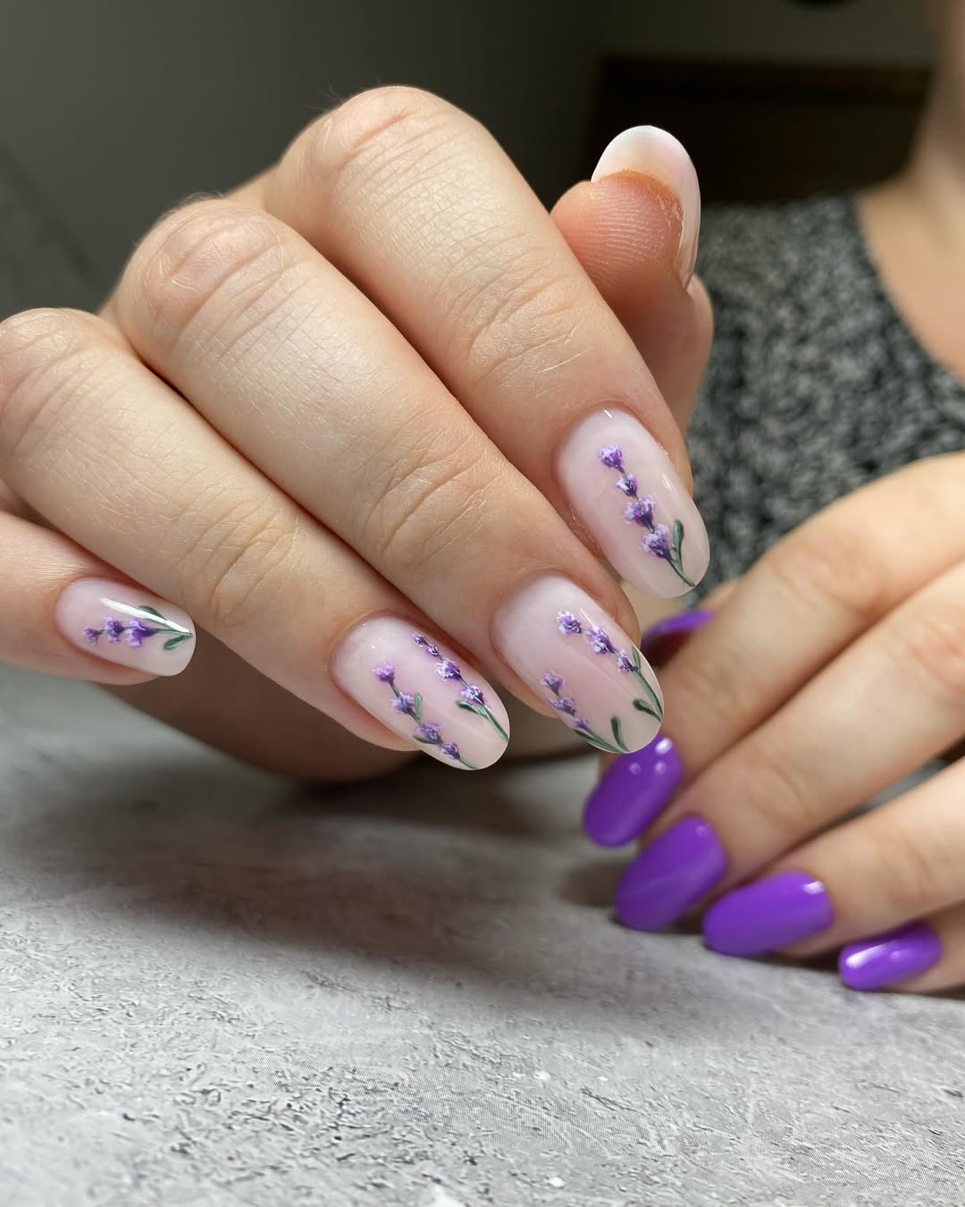 Lavender Floral Nails with Purple Accent
