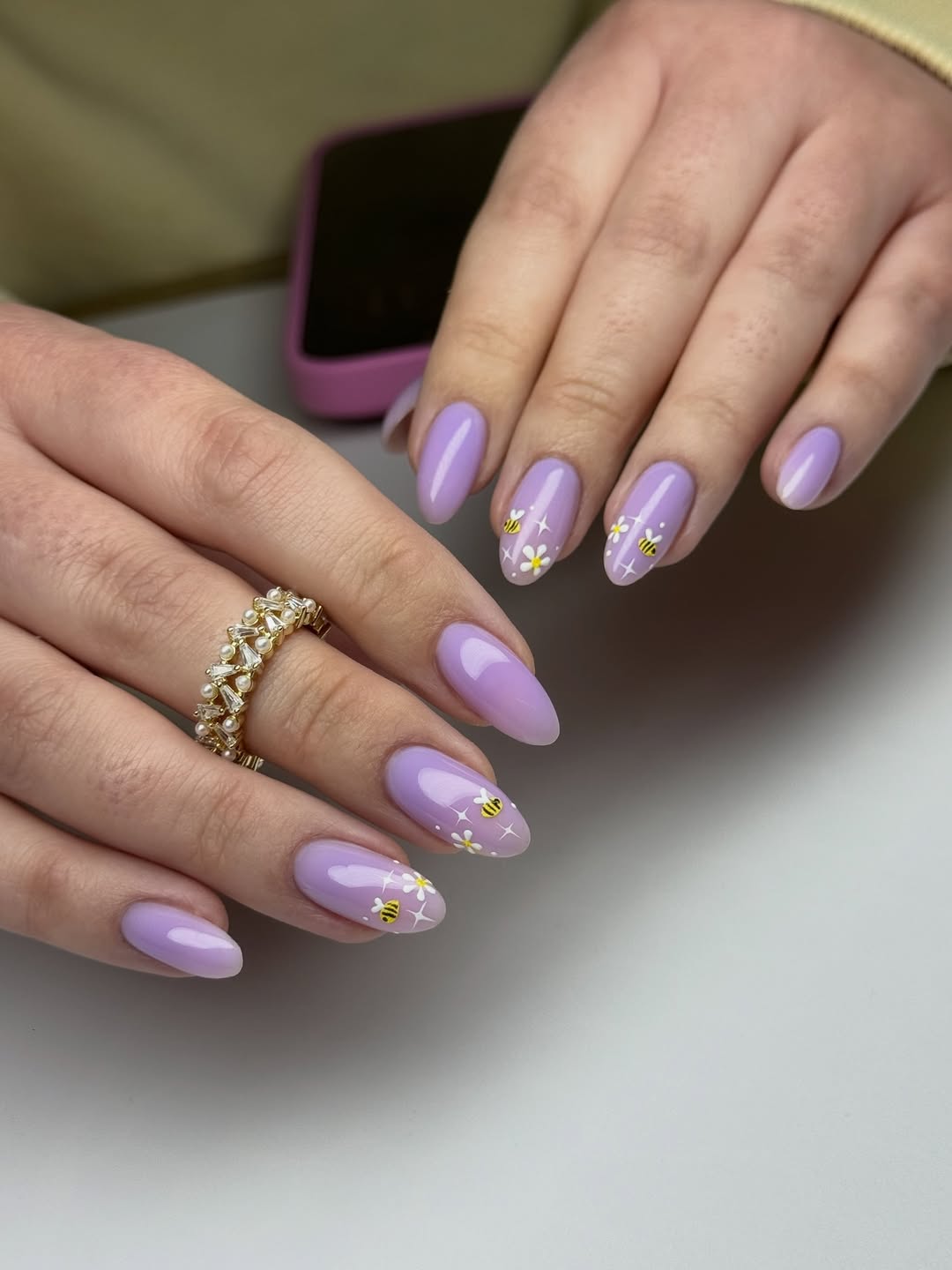 Lavender Jelly Bees and Daisies Almond Nails