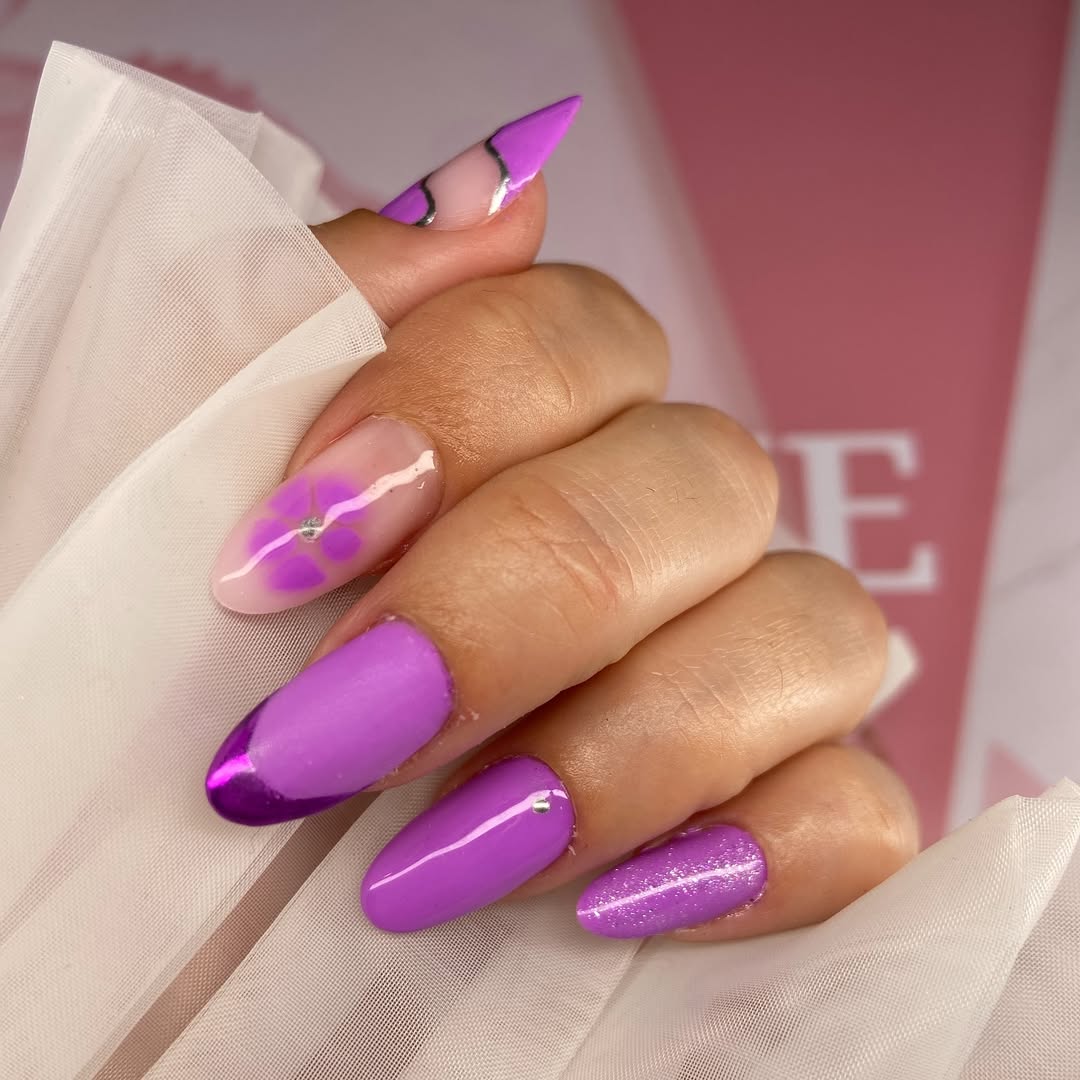 Lavender Jelly French Tips with Floral and Swirl Art