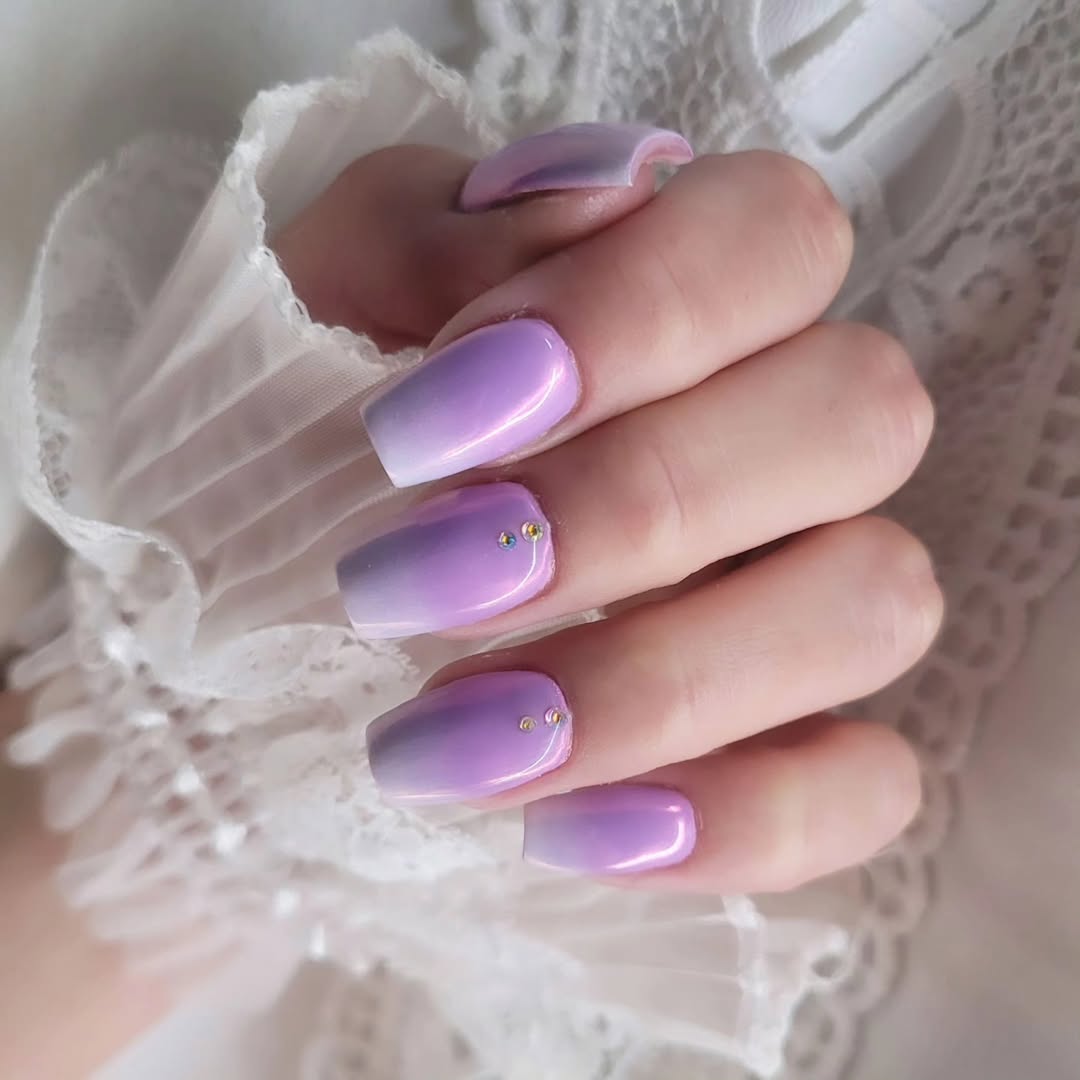 Lavender Ombre Square Nails With Rhinestone Charms
