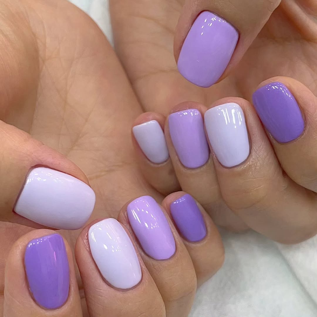 Lavender Periwinkle Mismatched Glossy Squoval Manicure
