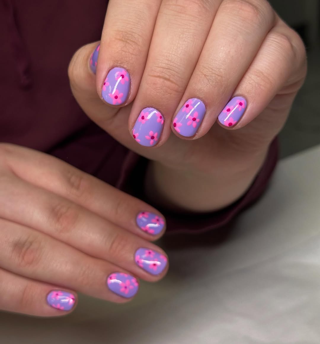 Lavender Periwinkle Pink Floral Glossy Short Round Nails