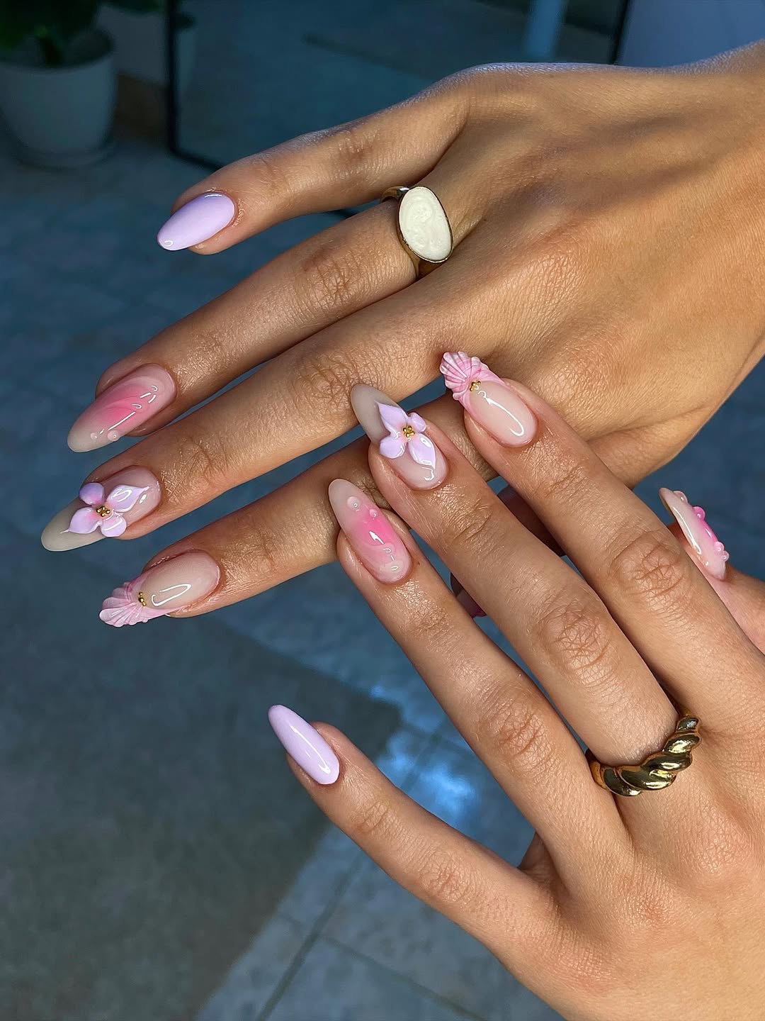 Lavender Pink Ombre Floral Almond Sculpted Nails