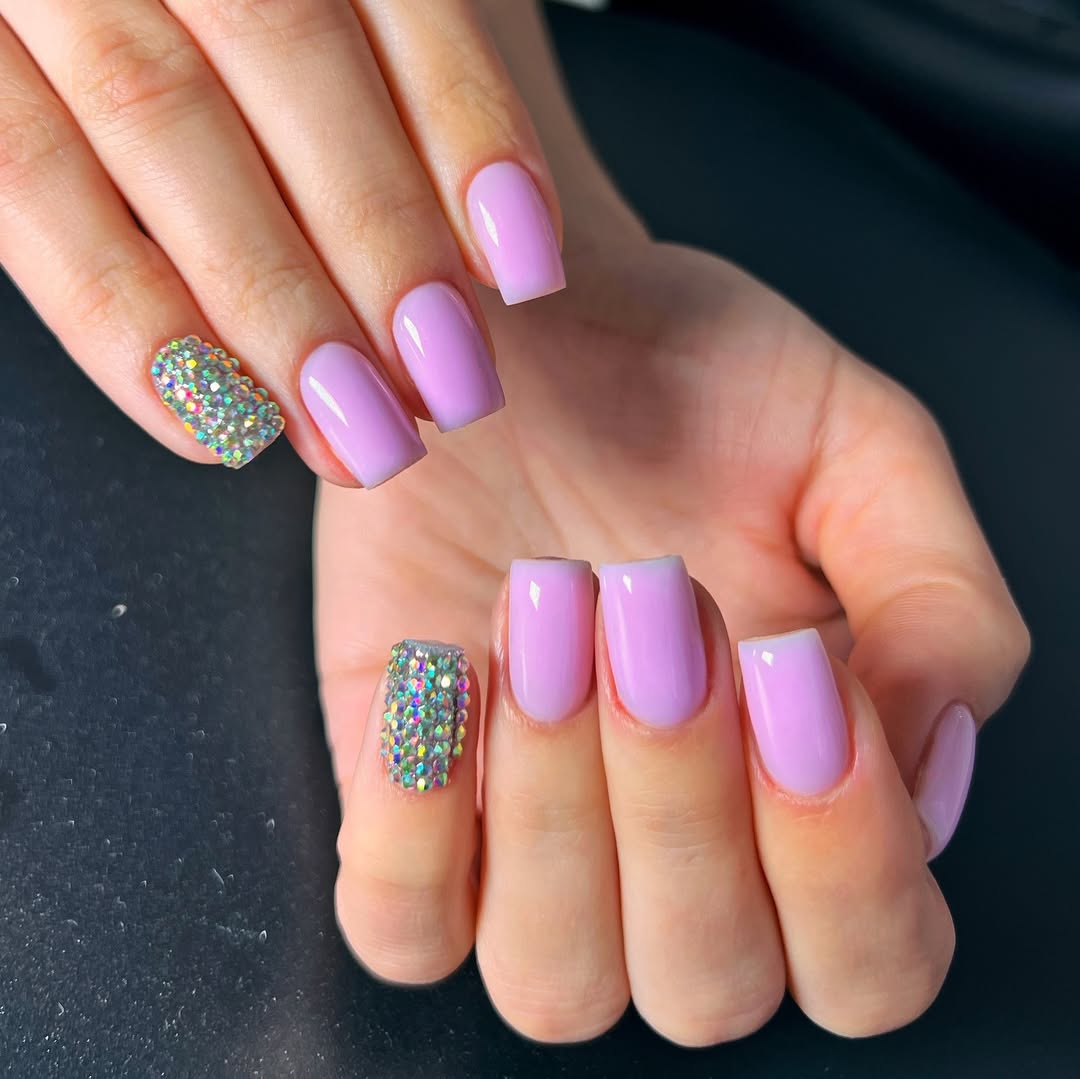 Lavender Purple Bling Accent Short Square Nails