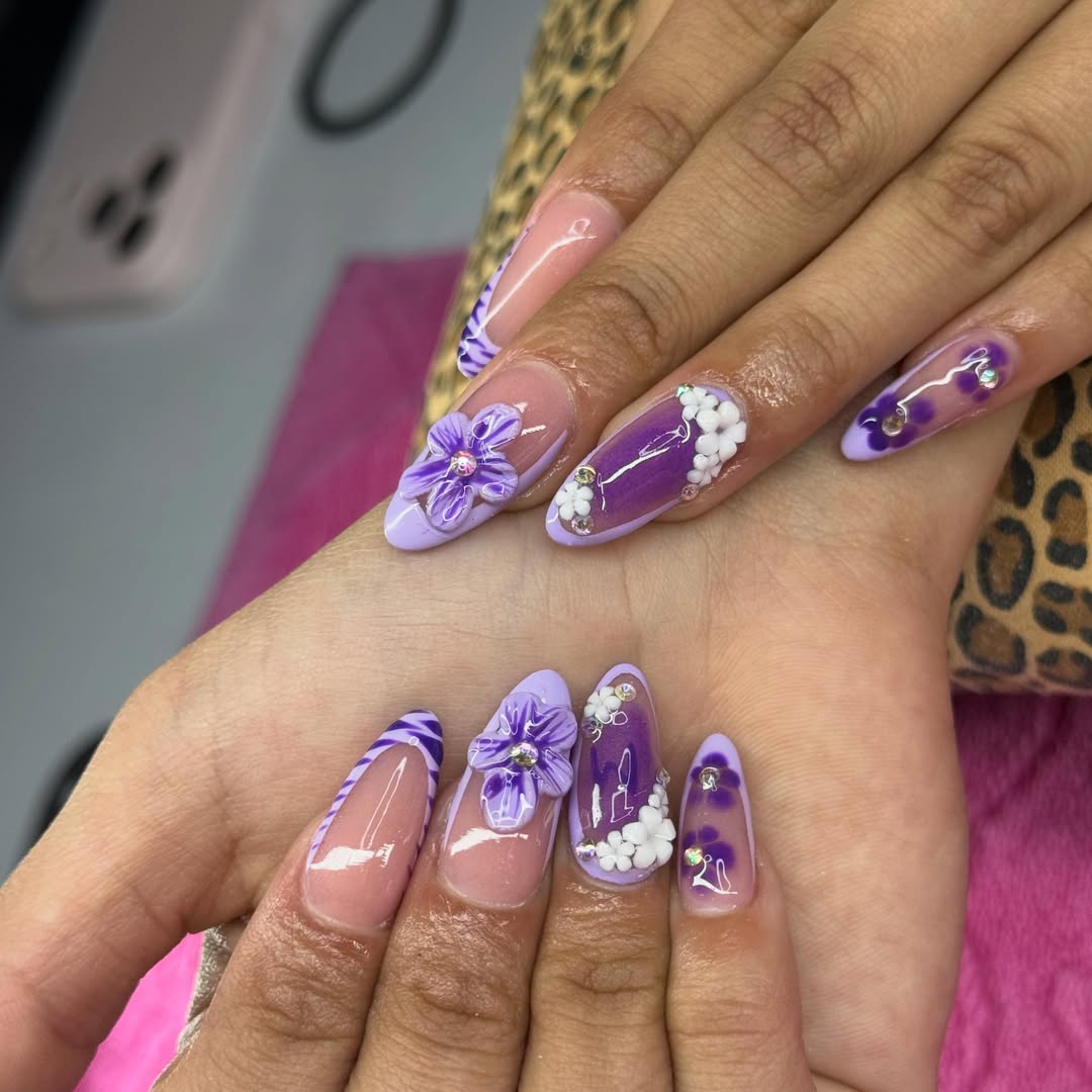 Lavender Purple Floral 3D Vacation Nails