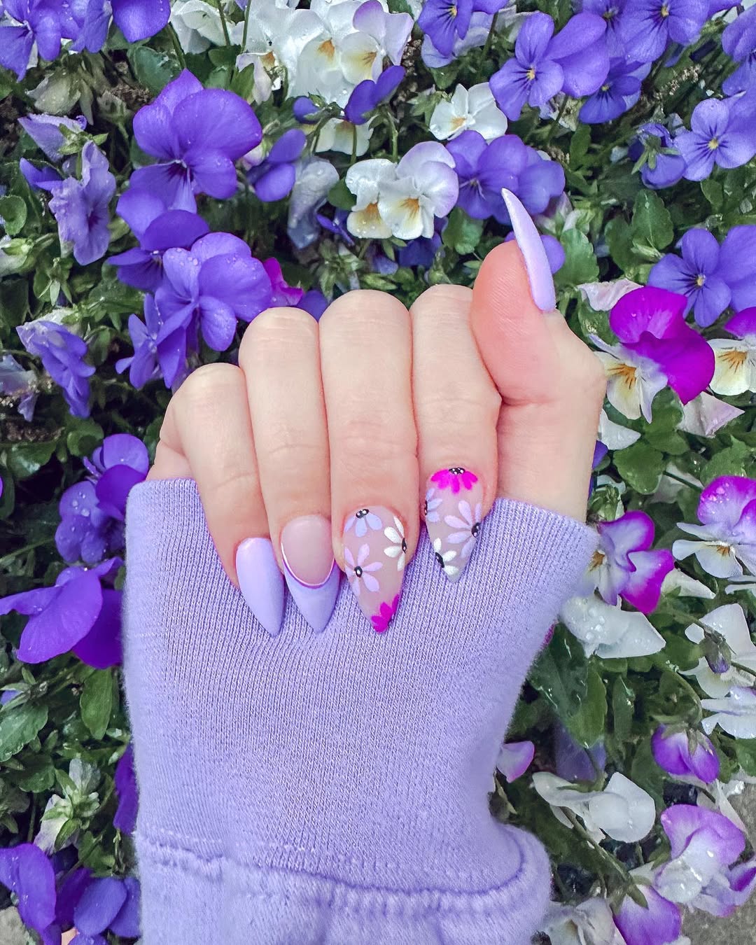 Lavender Purple Floral Matte Coffin Nails