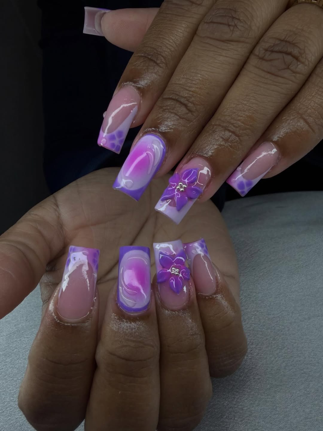 Lavender Purple French Coffin Aura Nails with 3D Flowers