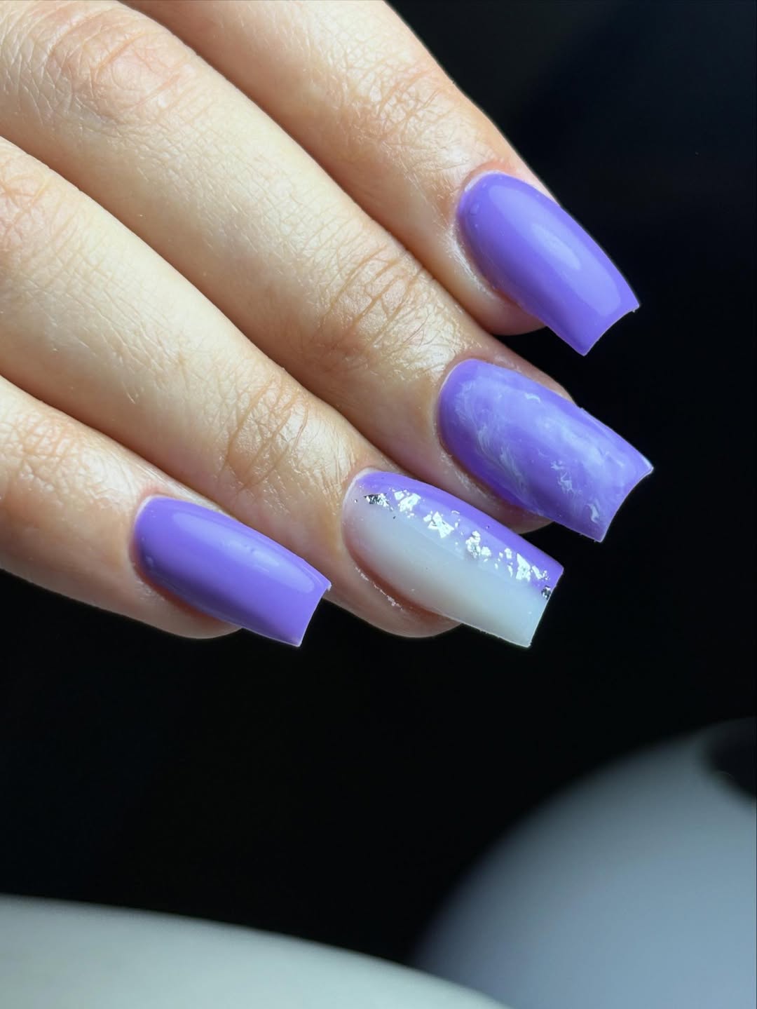 Lavender Purple Swirl Accents Silver Flakes Nails