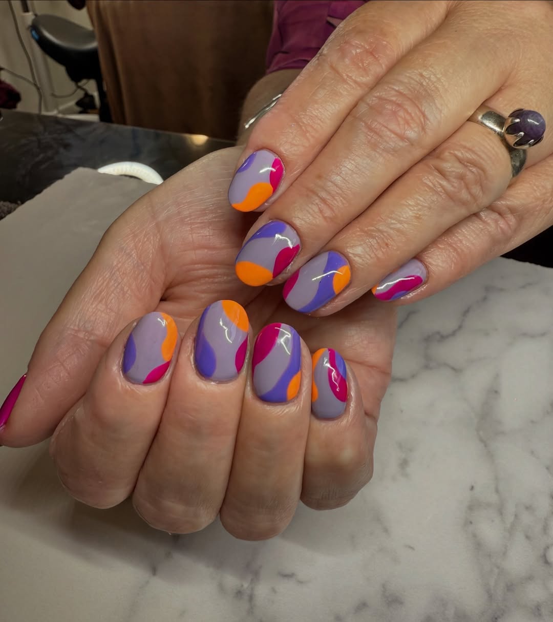 Lavender Purple Swirls Orange Pink Bright Nails
