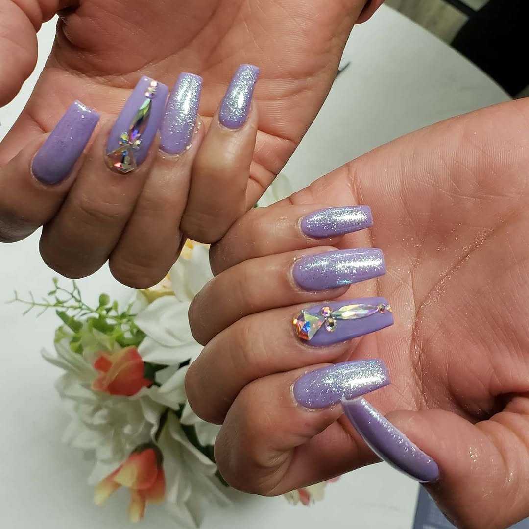 Lavender Shimmer Coffin Nails with Large Rhinestones