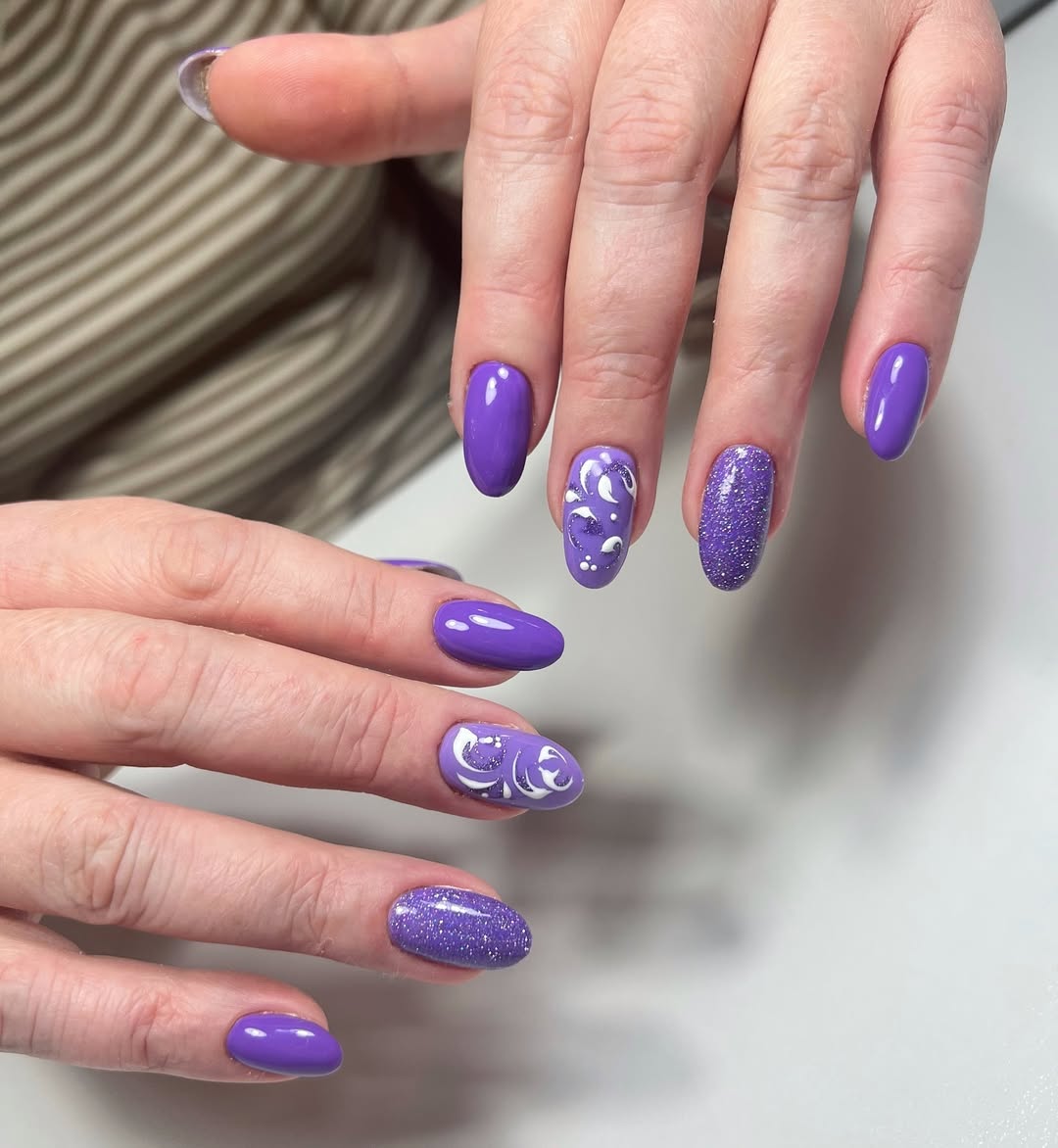 Lavender Shimmer French Swirls Oval Nails