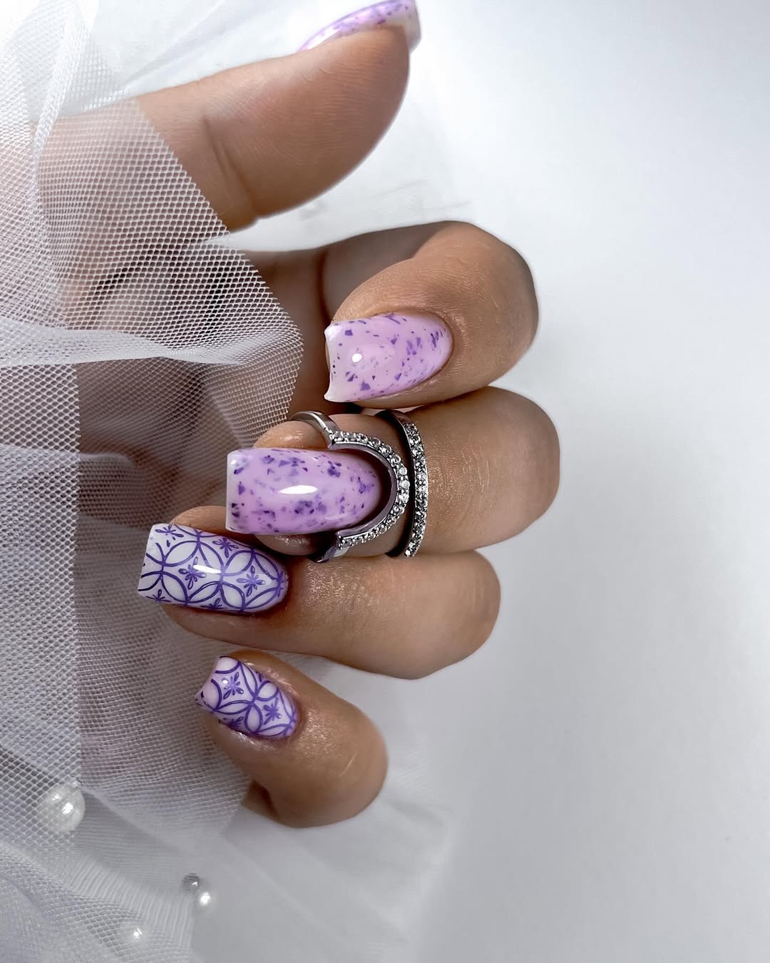 Lavender Speckle and Intricate Pattern Square Nails