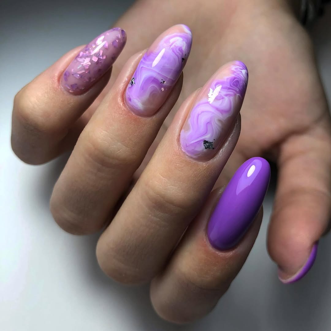 Lavender Swirl and Solid Glossy Almond Nails
