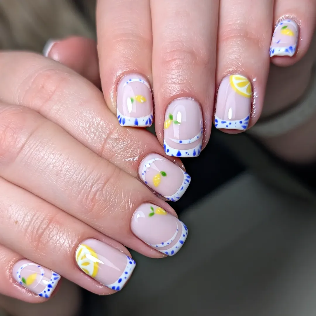 Lemon Dotted French Tip Short Square Nails