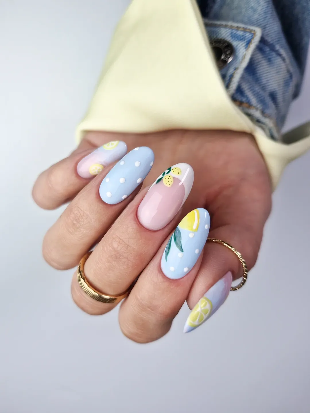 Lemon Polka Dot Pastel Ombre Almond Nails