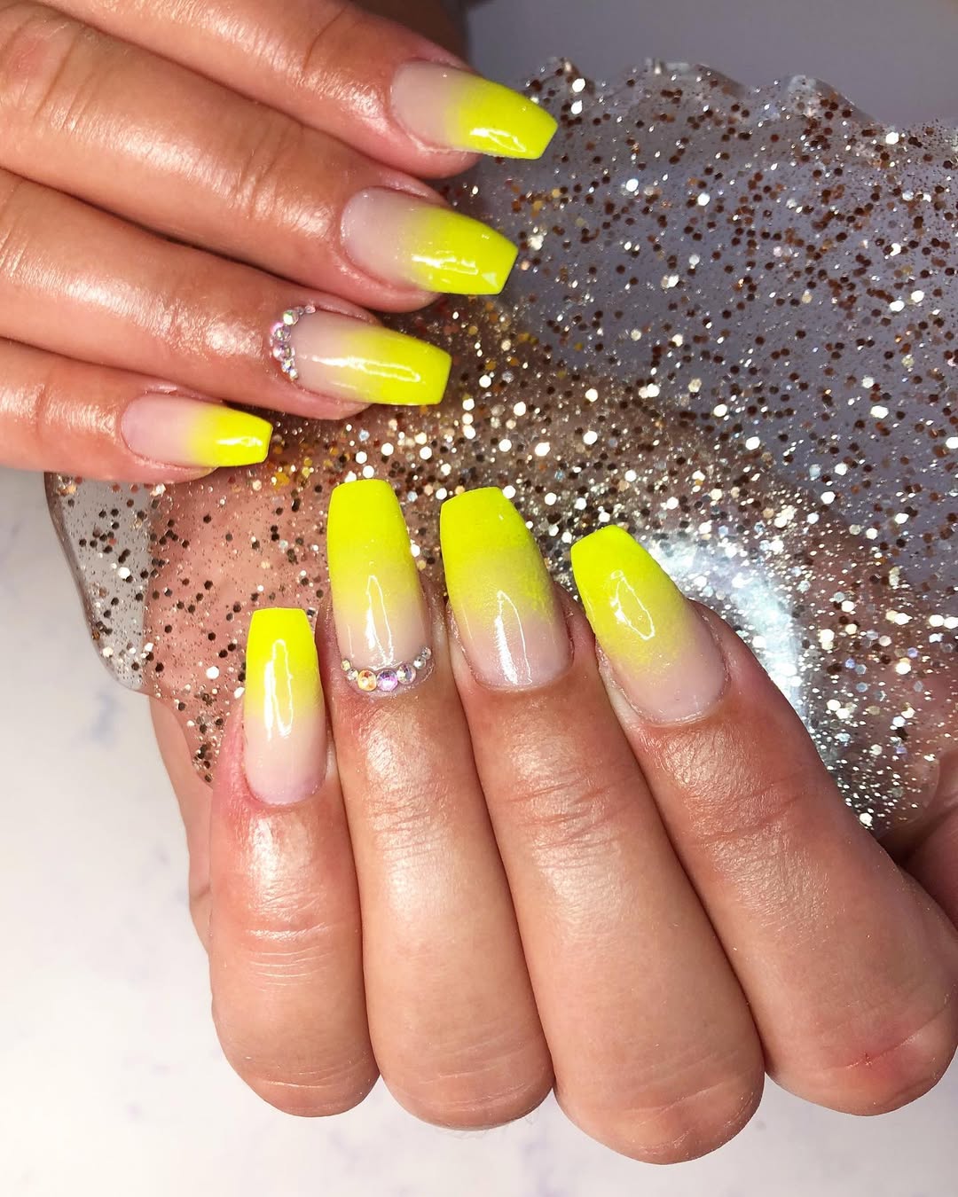 Lemon Yellow Ombré Coffin Nails with Rhinestone Detail