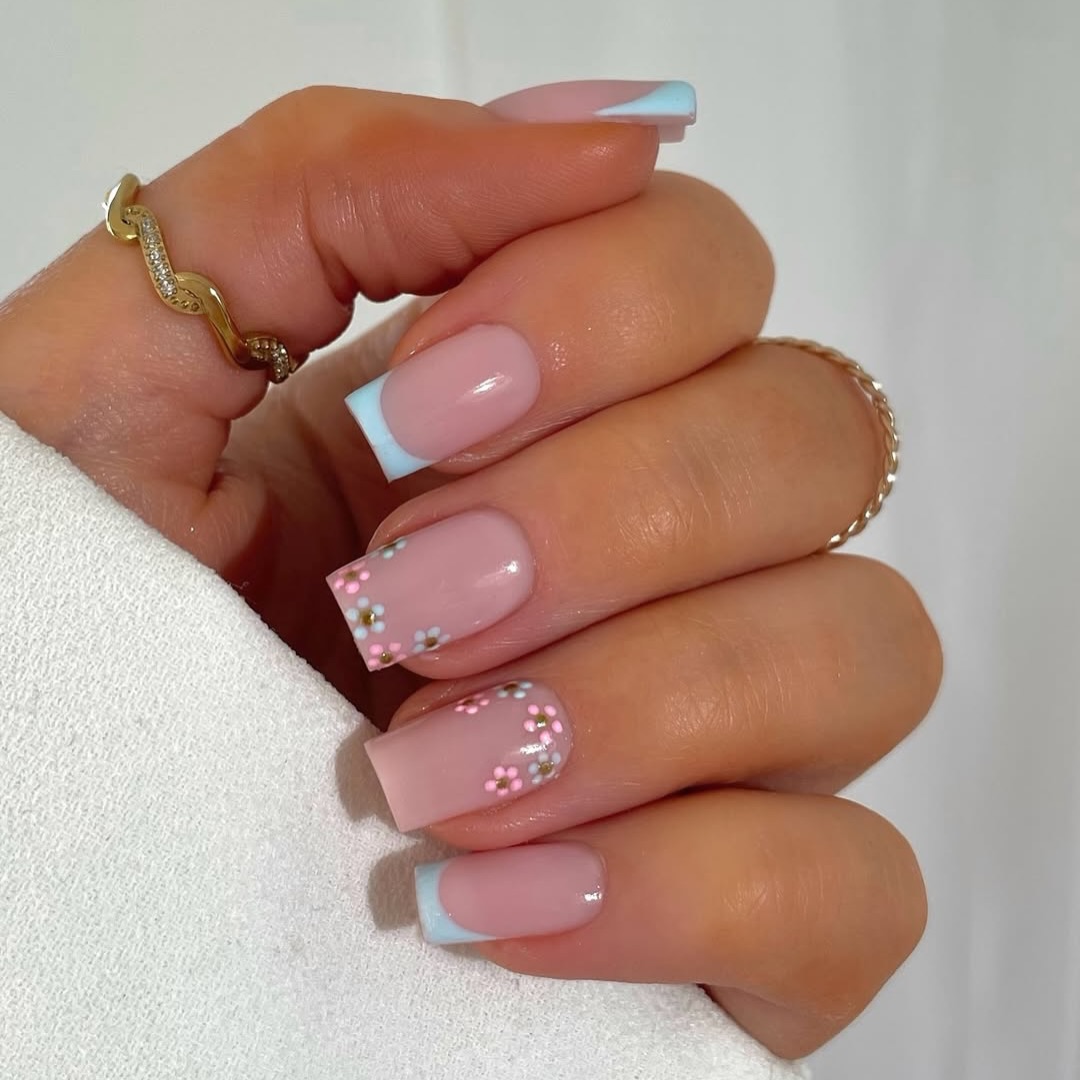 Light Blue French Tips with Delicate Floral Accents