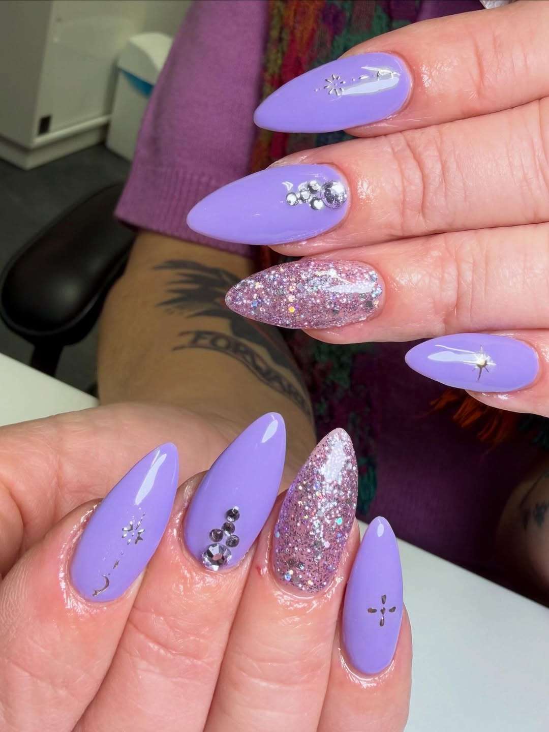Lilac Glitter Stiletto Nails with Rhinestones