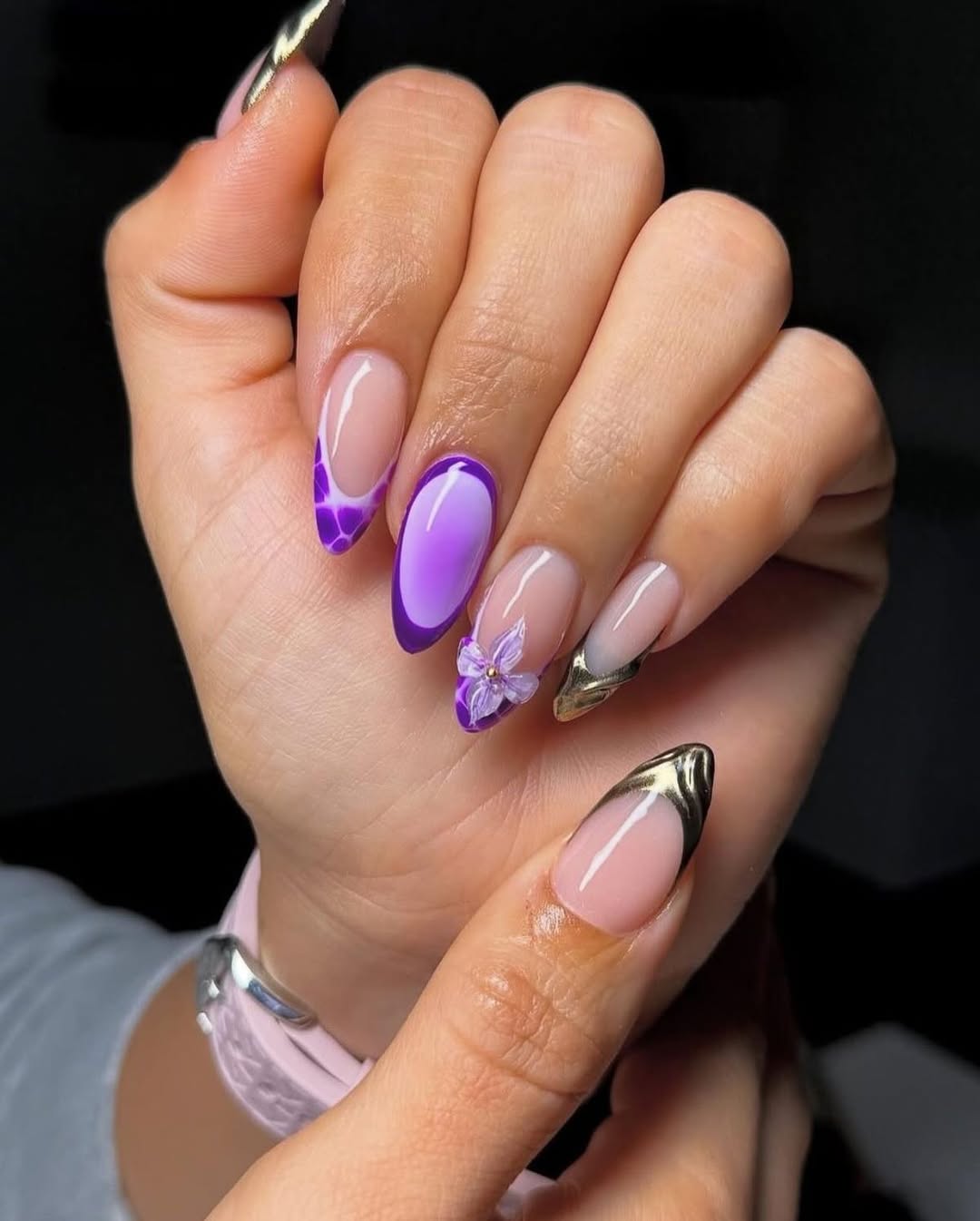 Lilac Purple Gold Abstract Almond Nails