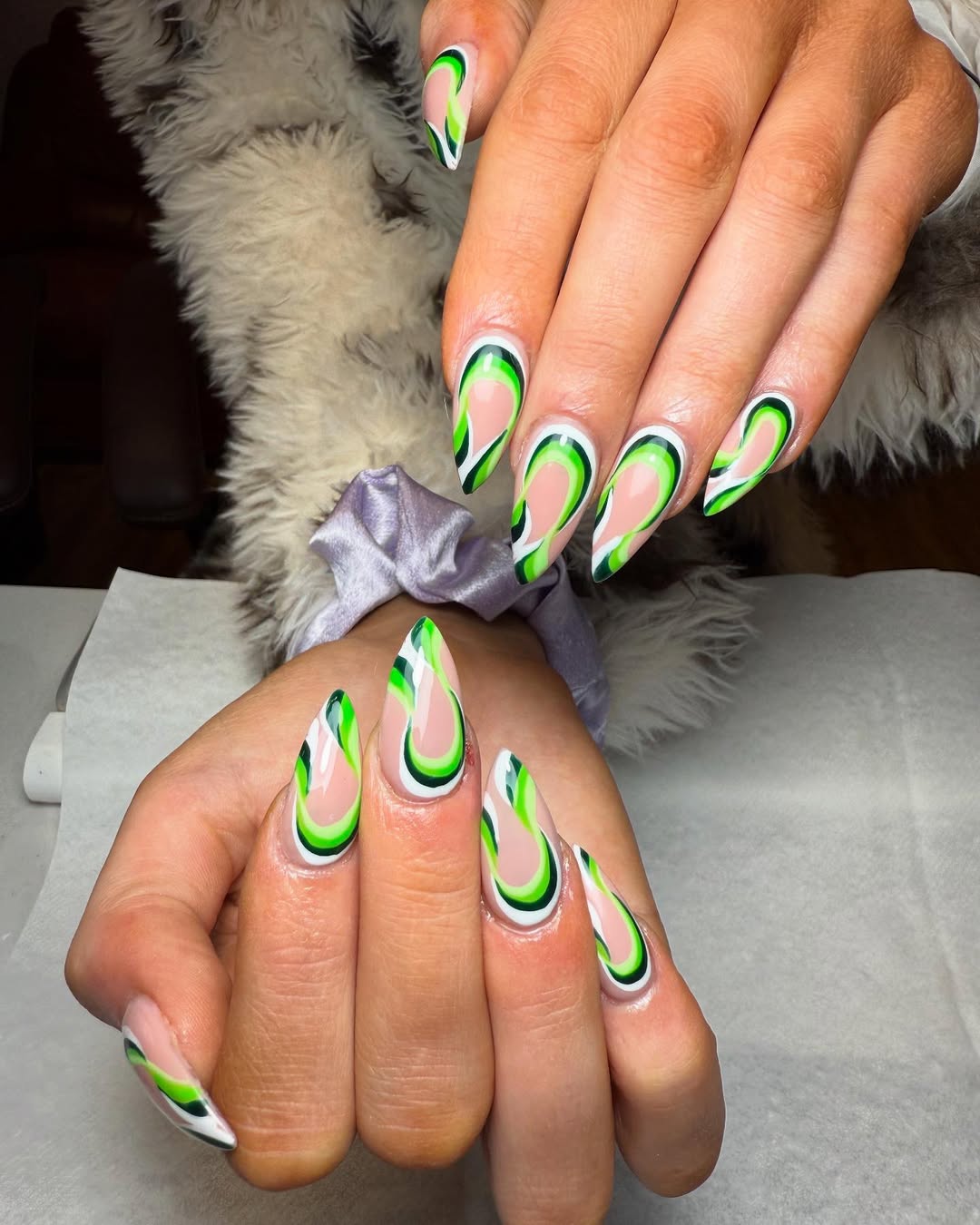 Lime Green Black Swirl Long Stiletto Nails
