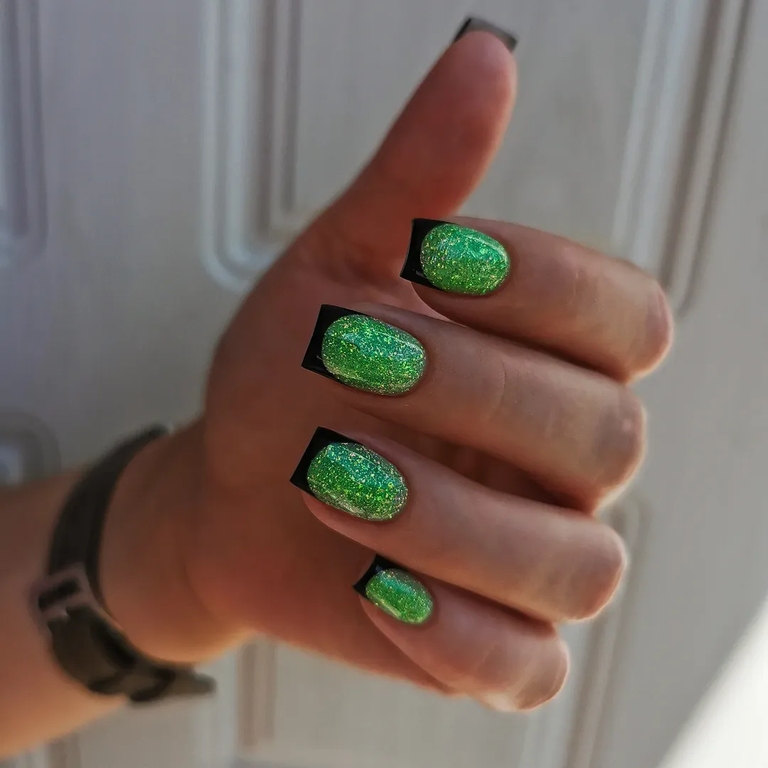 Lime Green Glitter Squoval Nails with Black Outline