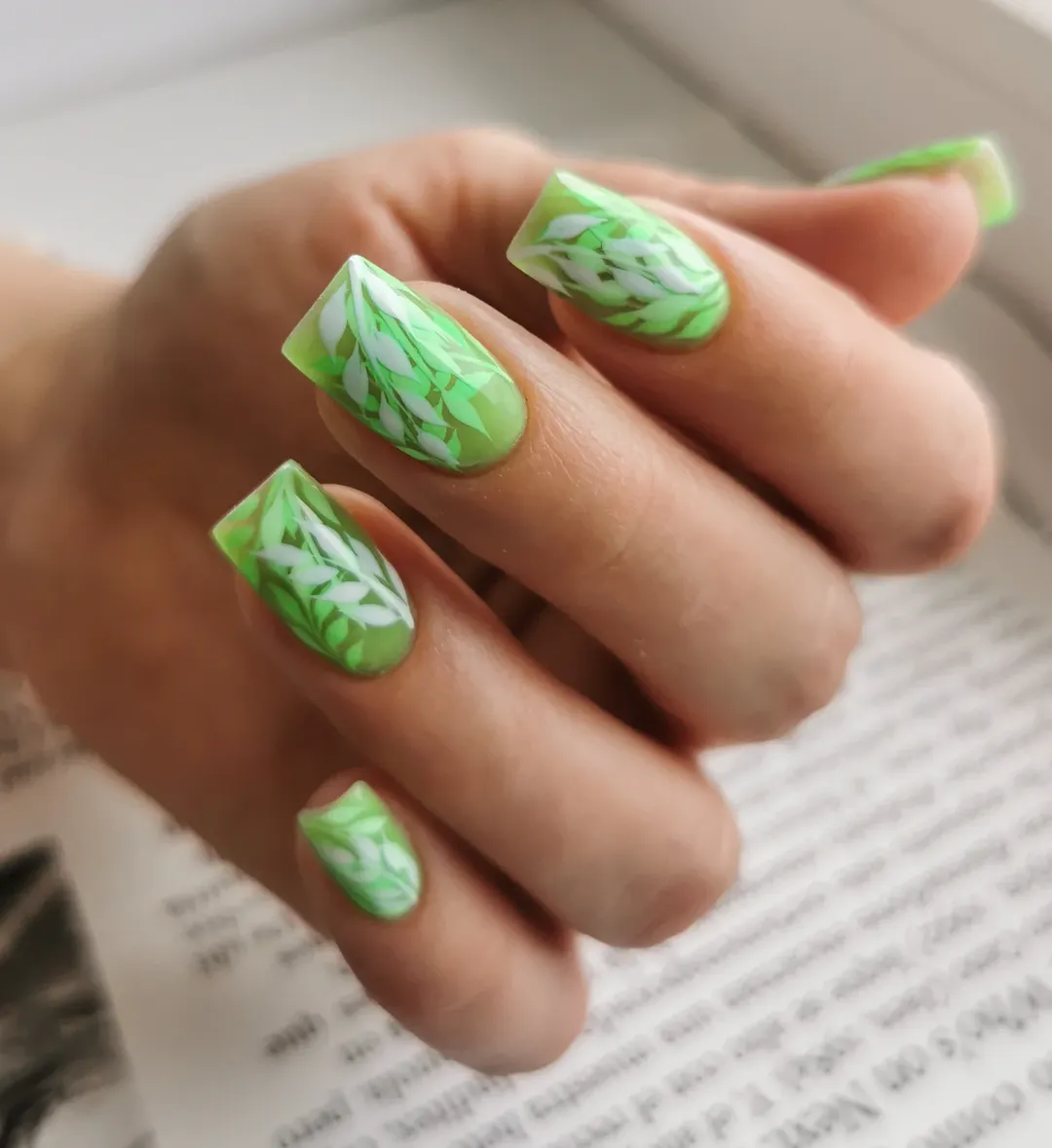 Lime Green Jelly Nails With White Leaf Design