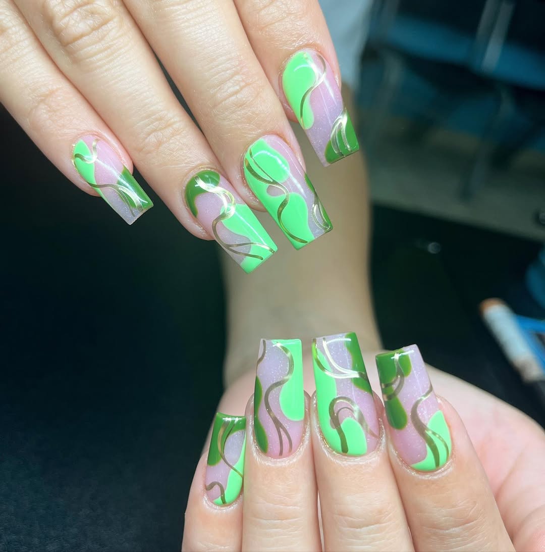 Lime Green Swirl Abstract Coffin with Gold Accents