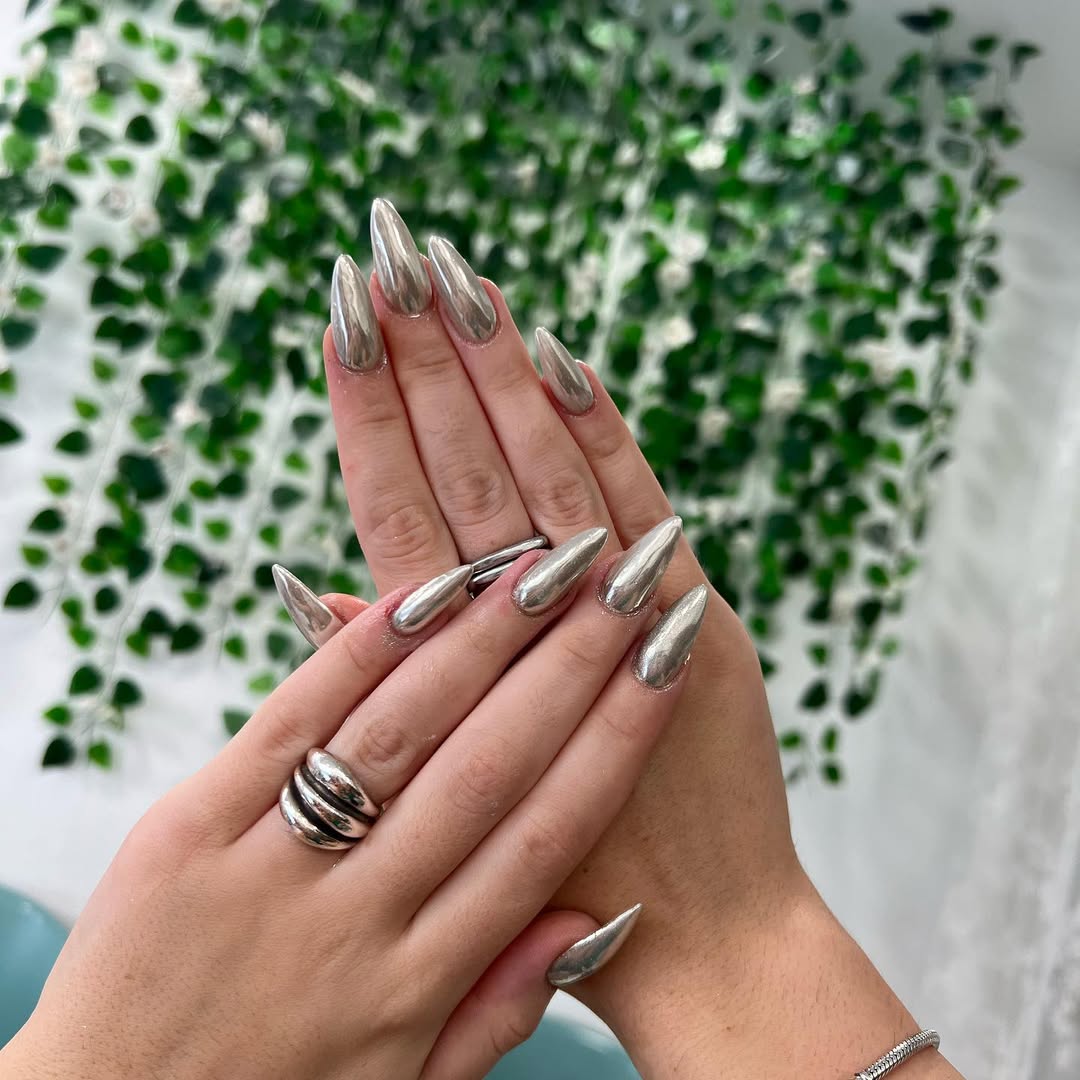 Liquid Metallic Silver Stiletto Nails